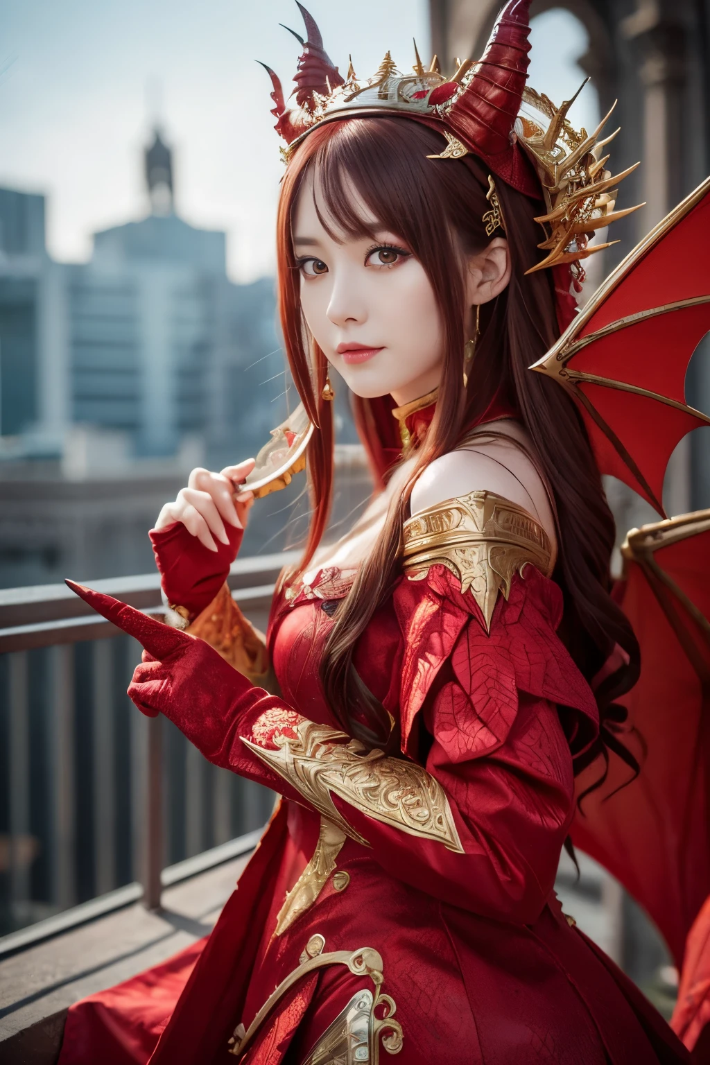 ( absurdly , high quality , Super detailed,See photographer ), fire dragon queen,Detailed and beautifully colored dragon costume,