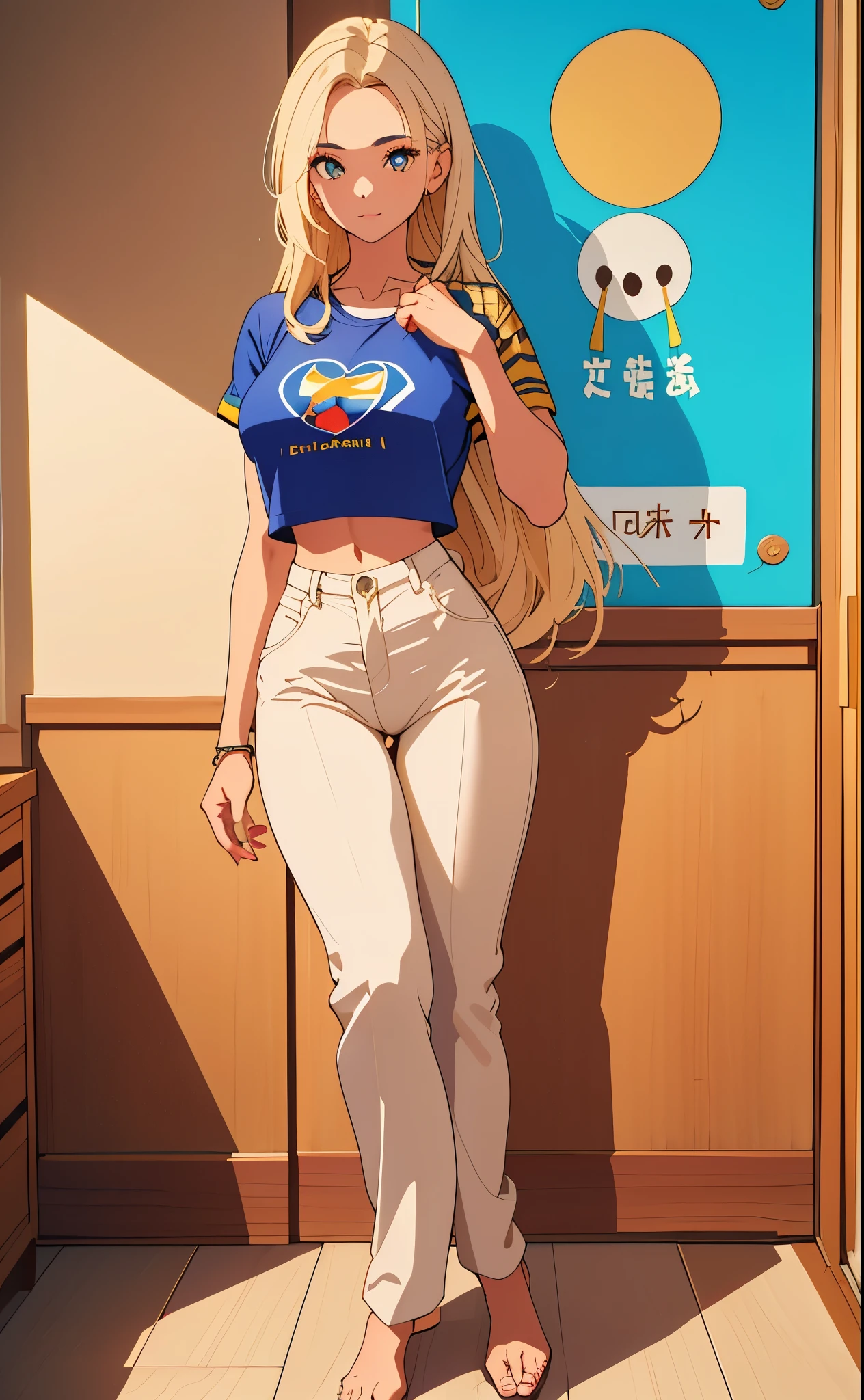 Mulher jovem de 20 anos, cabelos loiros, olhos azuis, rosto perfeito e detalhado, linda, usando uma blusa larga croppet preta, Beige Streetwear Pants, jaqueta colorida por cima do croppet, corpo perfeito, Standing character, dinamic pose, full view, melhor qualidade obra prima, riqueza de detalhes