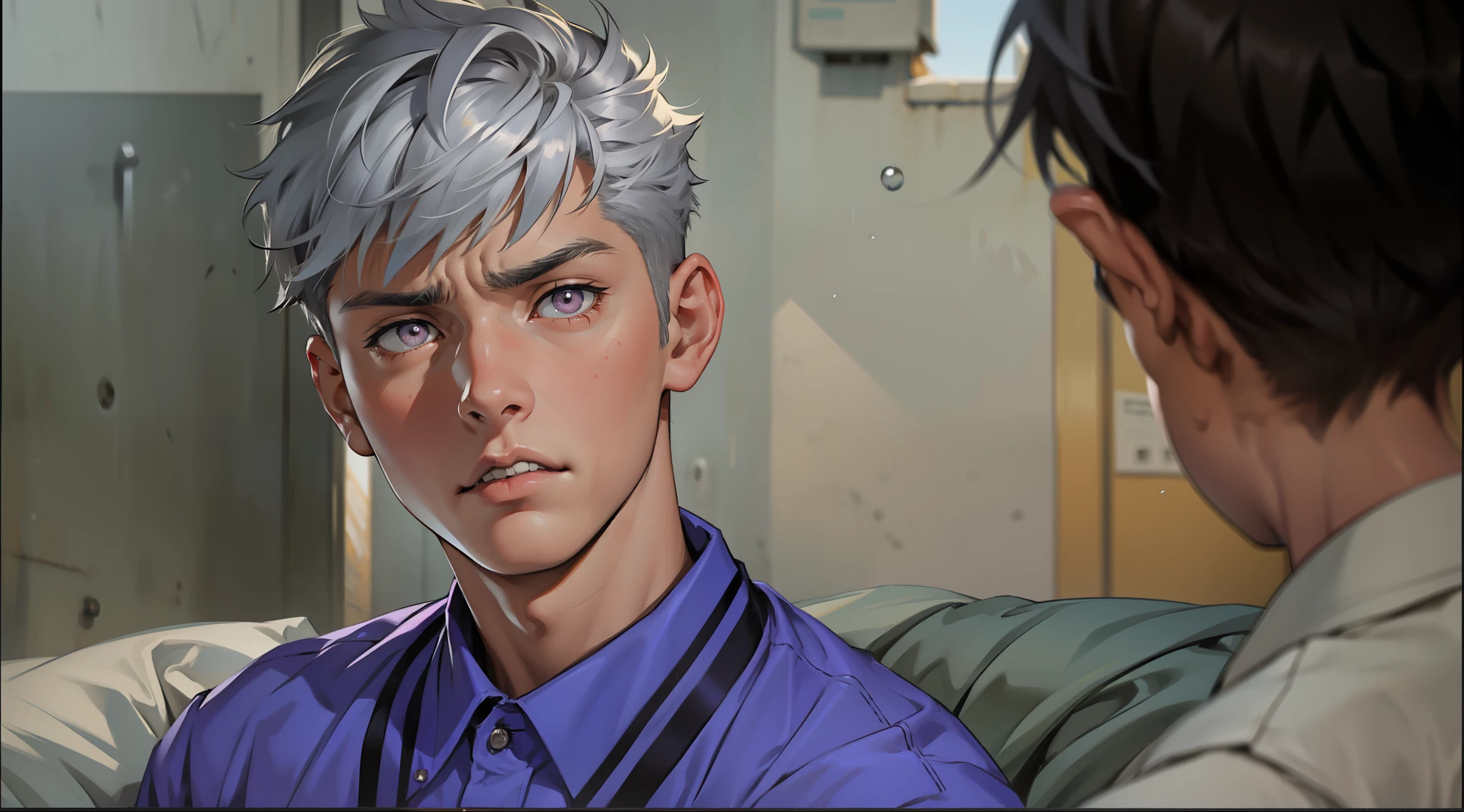 There is a handsome 16-year-old boy with short silver hair and silver eyes who is seriously upset about something he just heard and doesn&#39;t believe.
