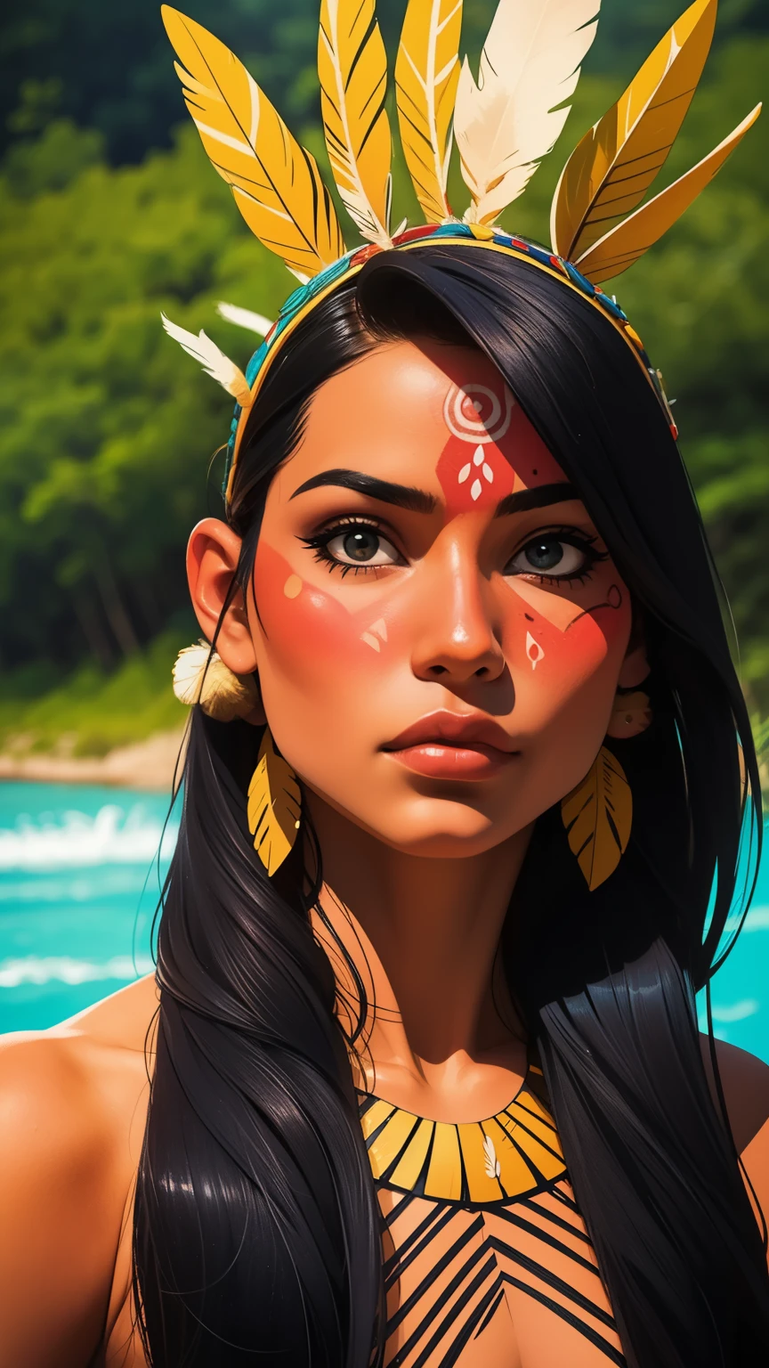 Comic art, digital paint. A beautiful indigenous girl in native with feathers and feathers on her head, amazon indian peoples in brazil, beautiful young female brazilian Native girl, paint face, hot body, Yanomami Indian in typical costumes,High quality. Amazonia forest and river Background. vivid colors, cinematic lighting. detailed, intricate, detailed face.