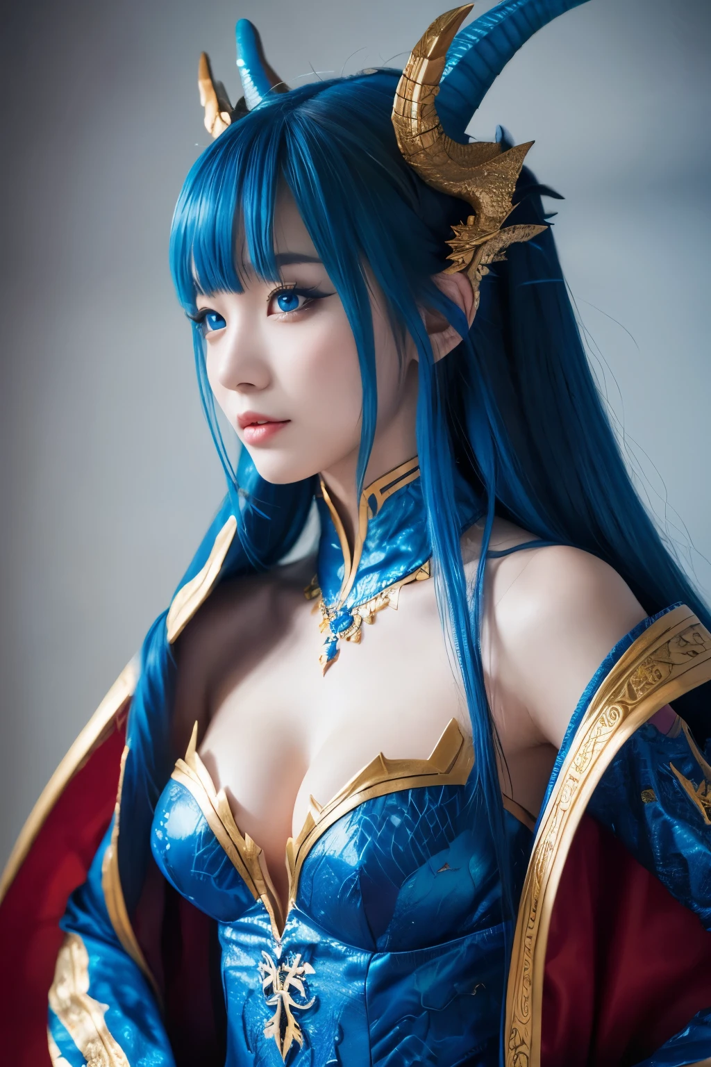 ( absurdly , high quality , Super detailed,See photographer ), blue dragon queen,Detailed and beautifully colored dragon costume,