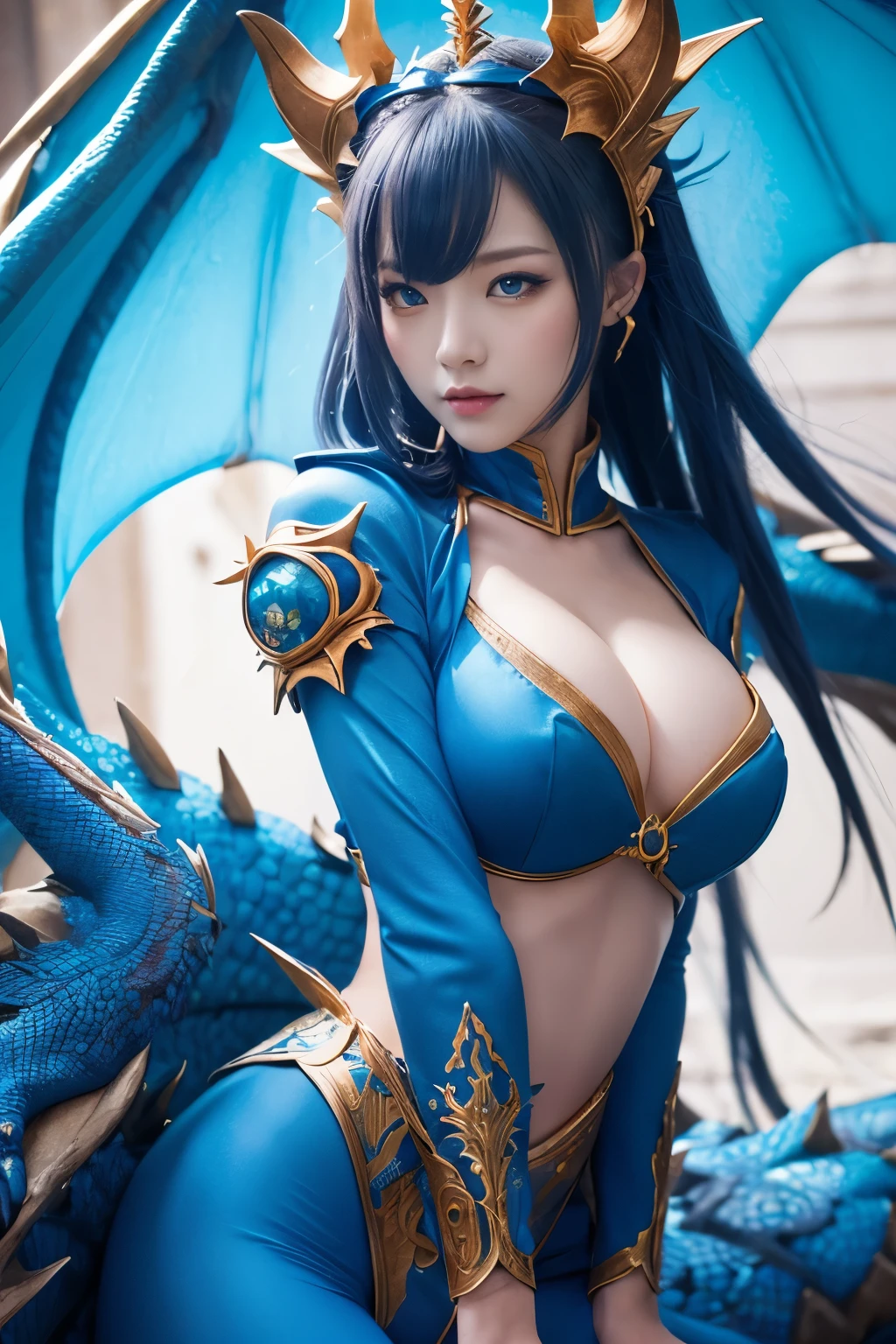 ( absurdly , high quality , Super detailed,See photographer ), blue dragon queen,Detailed and beautifully colored dragon costume,