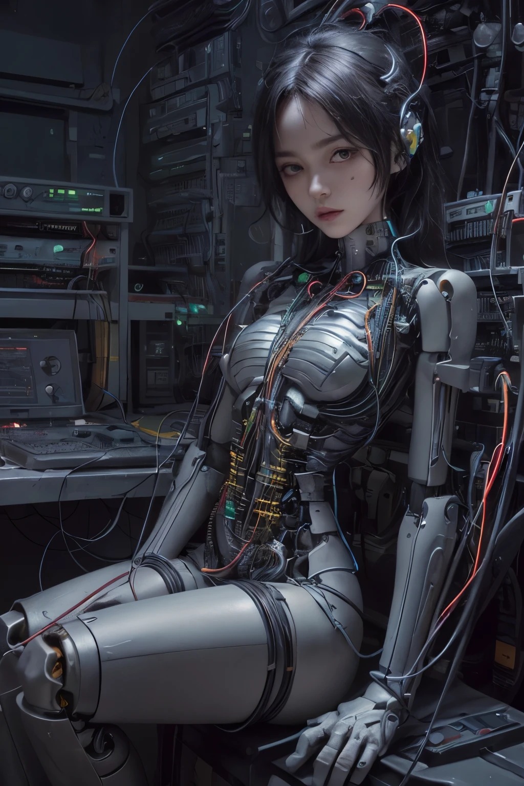 NSFW(((masutepiece))), (((Best Quality))), ((Ultra-detailed)), (extremely detailed photo), ((extremely delicate and beautiful)),(Cute delicate face),Cinematic Light,((1. Mechanical synth Zombie Girl)),Solo,Full body,(Machine-made joints:1.5),((machanical limbs)),(blood vessels connected to tubeechanical vertebra attaching to the back)),((mechanical cervial attaching to neck)),((Sitting)),deadpan,(Many wires and cables to attach to the head and body:1.6),(Character Focus),Science fiction,(beautiful face and eye, double eyelid,delicate skin,slender body shape)