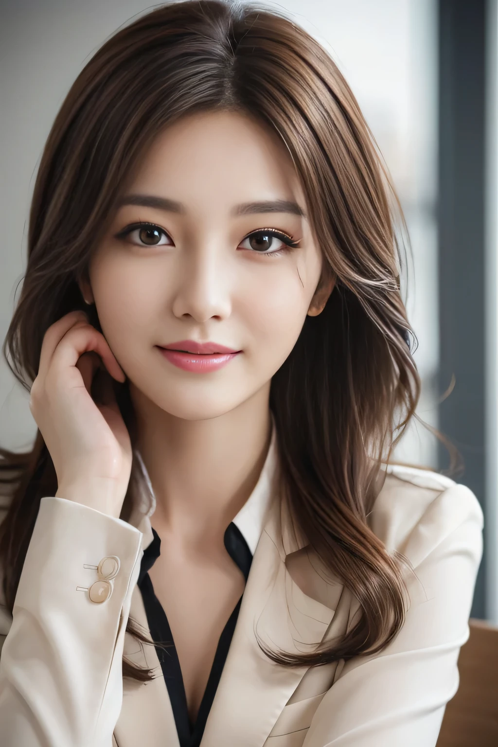 table top, highest quality, realistic, Super detailed, finely, High resolution, 8k wallpaper, 1 beautiful woman,, light brown messy hair, wearing a business suit, sharp focus, perfect dynamic composition, beautiful and detailed eyes, thin hair, Detailed realistic skin texture, smile, close-up portrait, model body shape