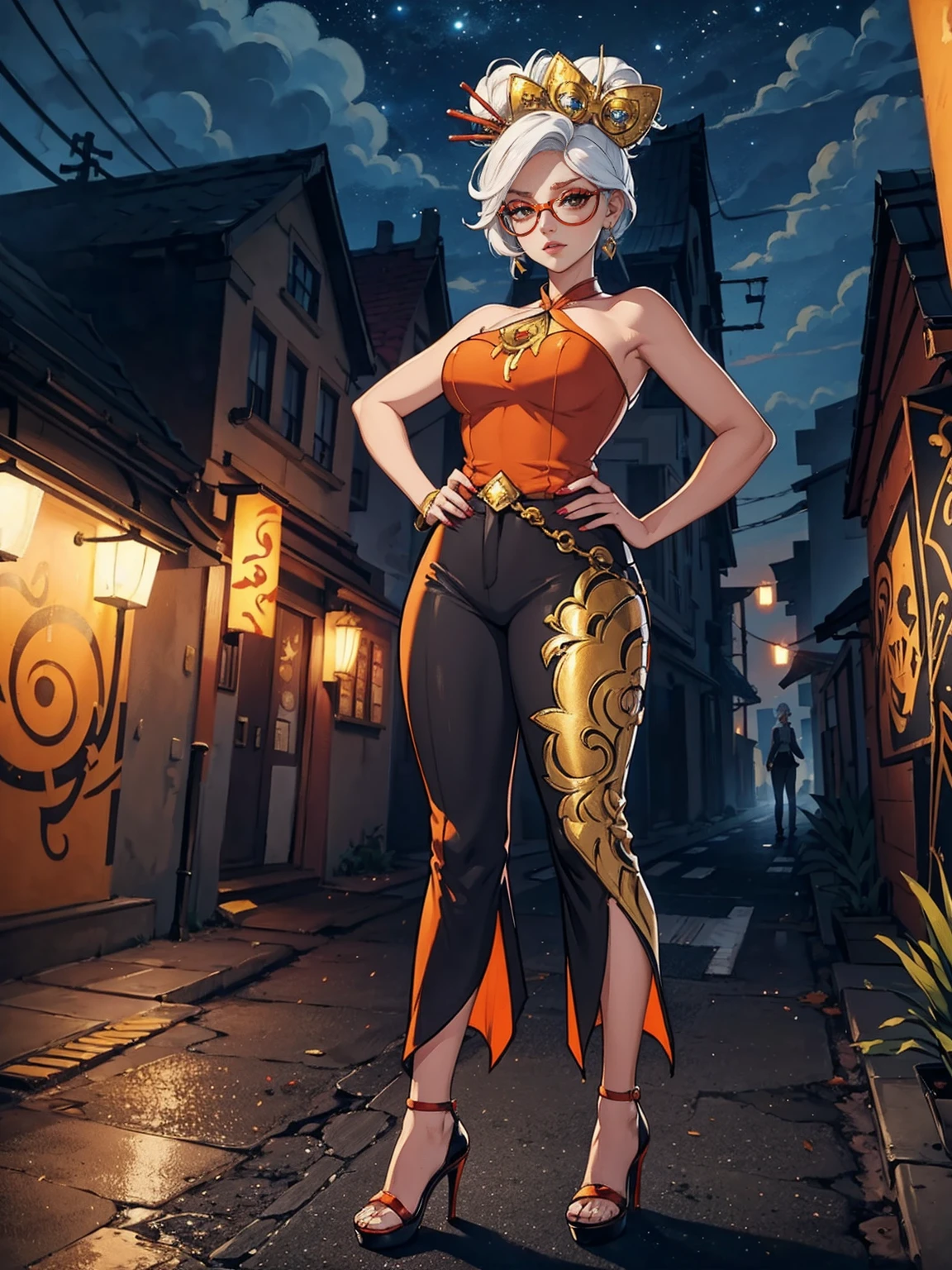 ((back, Masterpiece, Best Quality, Purah, White Hair, Red Eyes, Red Headband, Hair Ornament, Hair Sticks, Red Glasses, Hands on Hips, Smug)), ((pink lipstick, Extremely detailed, ambient soft lighting, 4k, perfect eyes, a perfect face, perfect lighting, a 1girl)) austere, ((malicious,  jade earrings, gold jewelry, female orange blazer, black pantalona tailoring pants, white satin halter top)), night sky, clouds, , lots of , (graffiti alley, graffiti walls, in an alley, night, moonlight, starry night)