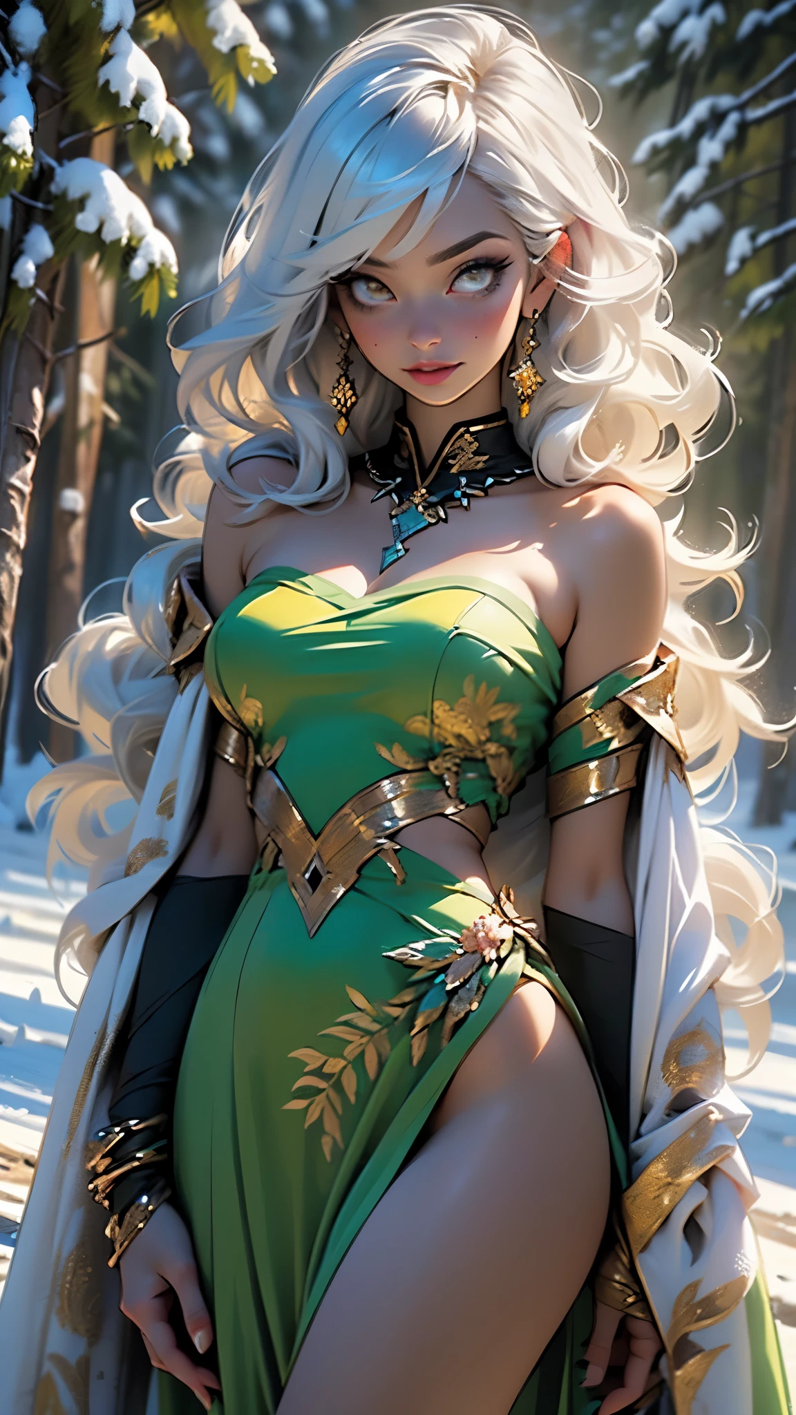 woman,1female,((milf,mom,mature,mature woman,45 years old female,adult)),(large breasts:1.5),saggy breasts,(((white hair:1.4,straight hair,long hair:1.4,colored inner hair))),((yellow_eyes:1.3)),intricate eyes,beautiful detailed eyes,symmetrical eyes,((((dark skin:1.4,lustrous skin:1.5,bright skin: 1.5,skin tanned,shiny skin,very shiny skin,shiny body,illuminated skin)))),(spider lower abdomen,narrow waist,wide hip,bimbo body,inflated legs,thick thighs,delicate detailed fingers),(((detailed face))),

cute,slutty,sensual,seductive look,seductive,((erotic)),opulent,sumptuous,longingly,((nsfw)),

queen,goddess,fantasy,(beautiful winter silver clothes,silver silk),((strapless green dress,very long green skirt,green dress)),(silver clothes),(((ice jewelry,intricate necklace,christmas jewelry,detailed outfit))),cleavage,silver silk,((eyeshadow,elegant makeup,eyelid makeup,gold lips,gold lipstick)),((Transparent cloth:1.1)), (((Sexy white fur cloak, white fur cloak outfit, wearing a white fur cloak:1.3,winter white cloak))),green gloves,(((intricate outfit,intricate clothes,embroidered outfit,ornate outfit,embroidered clothes,ornate clothes))),

(dynamic pose:1.0),embarrassed,(centered,scale to fit dimensions,Rule of thirds),

((snowy pine forest)),winter,scenery:1.25,((intricate scenery)),((snow forest background)),

(Glossy winter ornaments),highres,sharp focus,(ultra detailed,extremely detailed),(photorealistic artwork:1.37),(extremely detailed CG unity 8k wallpaper),(((vibrant colors,vibrant theme))),(intricate),(masterpiece),(best quality),artistic photography,(photography taken by sldr),(intricate background),perfect rendered face,perfect face details,realistic face,photo realistic,analog style,((intricate detail)),(((realism))),
