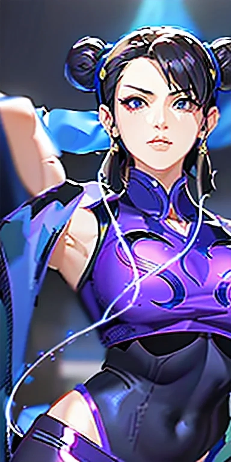 a woman in a blue blouse and black pants with a purple background, portrait of chun-li, portrait of Chunli, chun-li, Chun-Li, Chunli, Juri Han, de Street Fighter, Estilo de arte G Liulian, Chunli at the gym, personagem de jogo de luta, personagem do rei dos lutadores, estilo de tinta sf 5