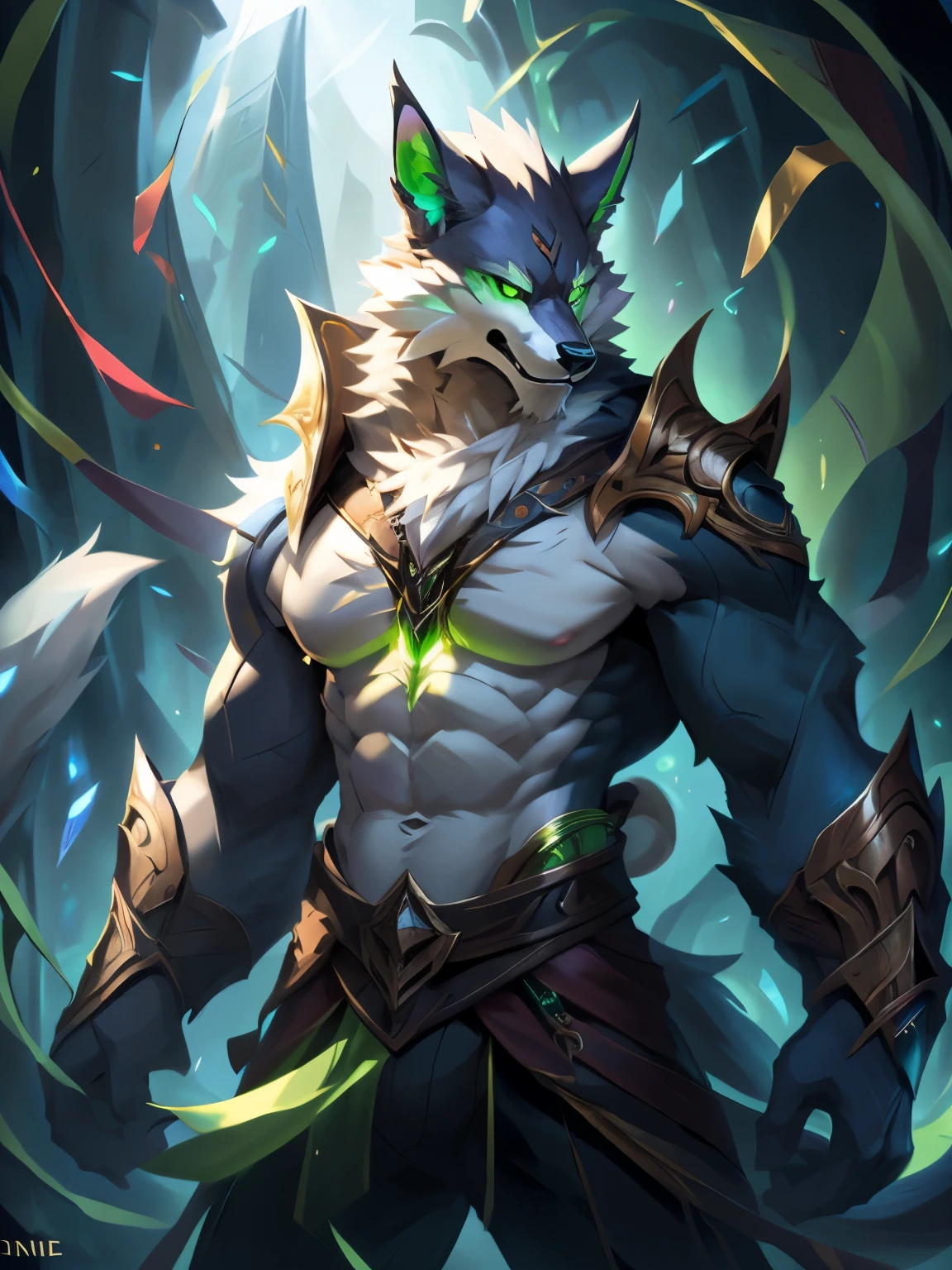 4k, high resolution, best quality, perfect colors, perfect shadows, perfect lighting, posted on e621, (by Chunie), male, furry, Wolf anthro, Green eyes, (Realistic eye details 1.2), abs, slim body, Perfect centralization, Fantastic Black-White beam, V0id3nergy, delight, Standing position, Abstract beauty, centre, Looking at the camera, Facing the camera, nearing perfection, Dynamic, highly  detailed, Liso, sharp focus, 8K, A high resolution, illustration