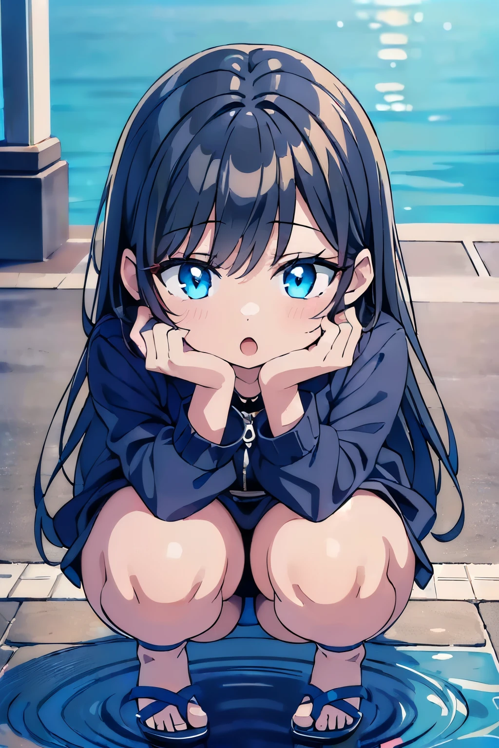 (((Looking at the reflection on the water surface))), (((My reflection on the surface of the water))), (((face down))), (((looking down))), (((squatting))), open mouth, (((on the street))), black hair, (((kawaii girl))), (((masterpiece))), (((best quality))), (((ultra detailed))), (((ultra high res))), (((best aesthetic))), 16k, (((look into the water)))