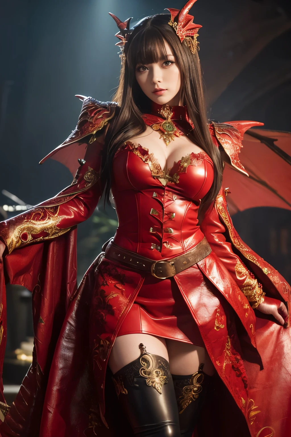 ( absurdly , high quality , Super detailed,See photographer ), red dragon queen,(Detailed and beautifully colored dragon costume,Tight Leather,skirt)