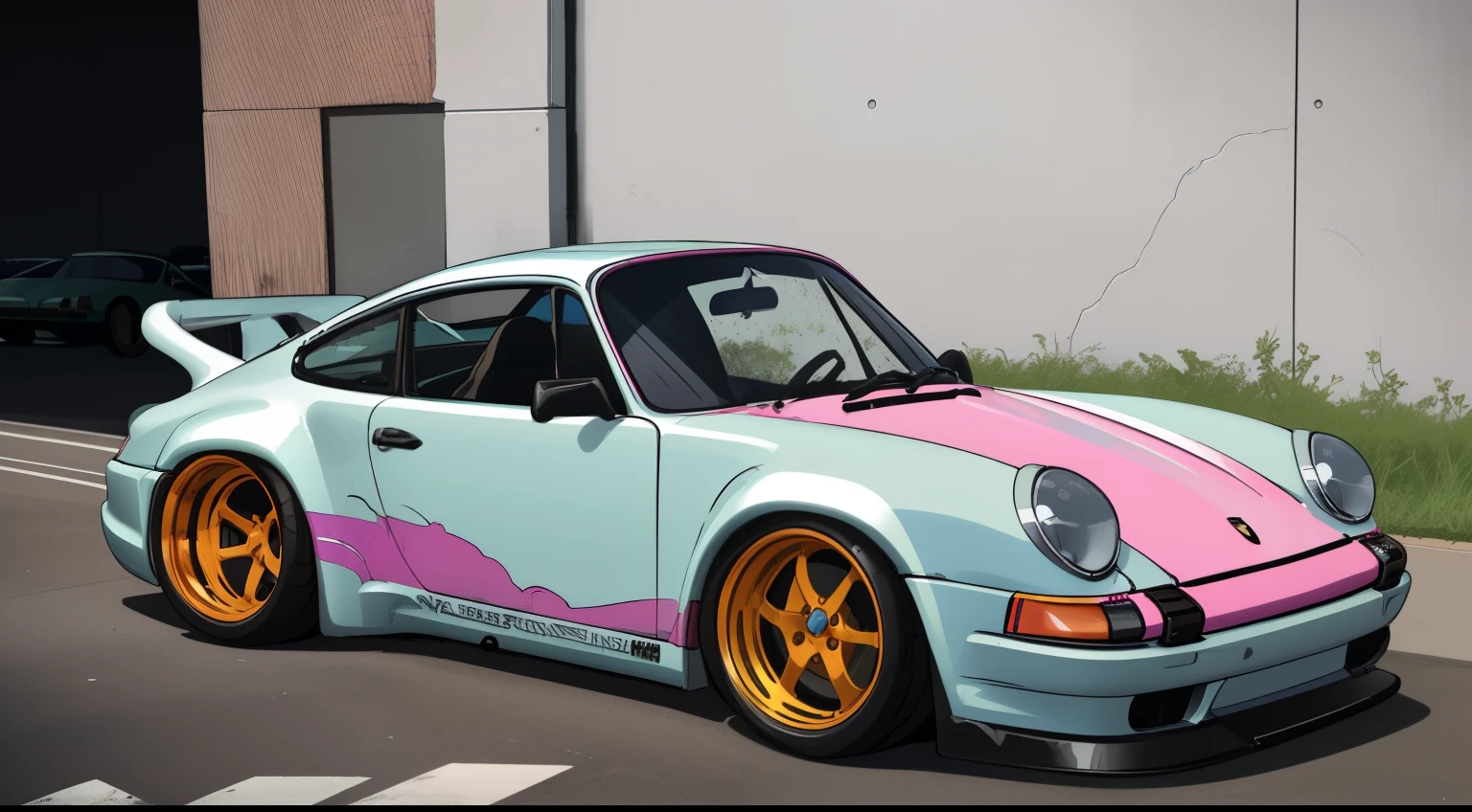 nvinkpunk, painting of a city with a pastel colored  Porsche 911 rwb rotting,wide bodykit, large wheels, high quality,