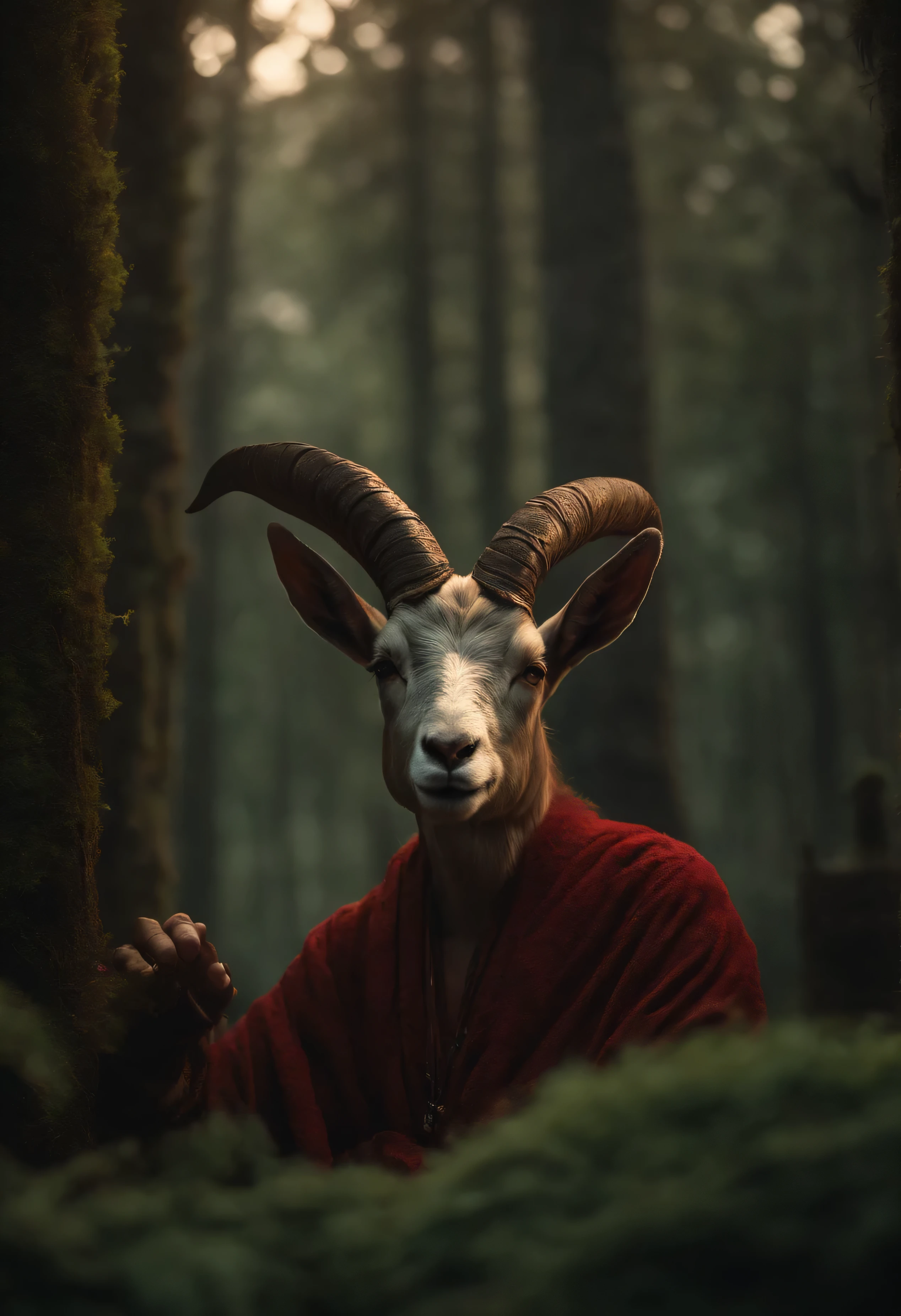 male Fawn Pan humanoid with horns goat head flute in a temple, lust forest, heretic symbols, multi many eyes, green bordeaux wine brown tints, shockwaves, lots of symbols and mess in background, intricate, highly detailed (best quality,4k,8k,highres,masterpiece:1.2),ultra-detailed,(realistic,photorealistic,photo-realistic:1.37),HDR,UHD,studio lighting,ultra-fine painting,sharp focus,physically-based rendering,extreme detail description,professional,vivid colors,bokeh,portraits,concept artists,horror attention:In order to generate images in a high-detailed Art style,It is recommended that when outputting,Label the following(Recommended lighting effects and Art style)Used in conjunction with the content generated above: Art style: horror, concept artists color shades: red black white tints 灯光: The Stable Diffusion prompt generated by studio lighting in this way will describe the picture you need in detail and with high quality.。full body, no portrait,