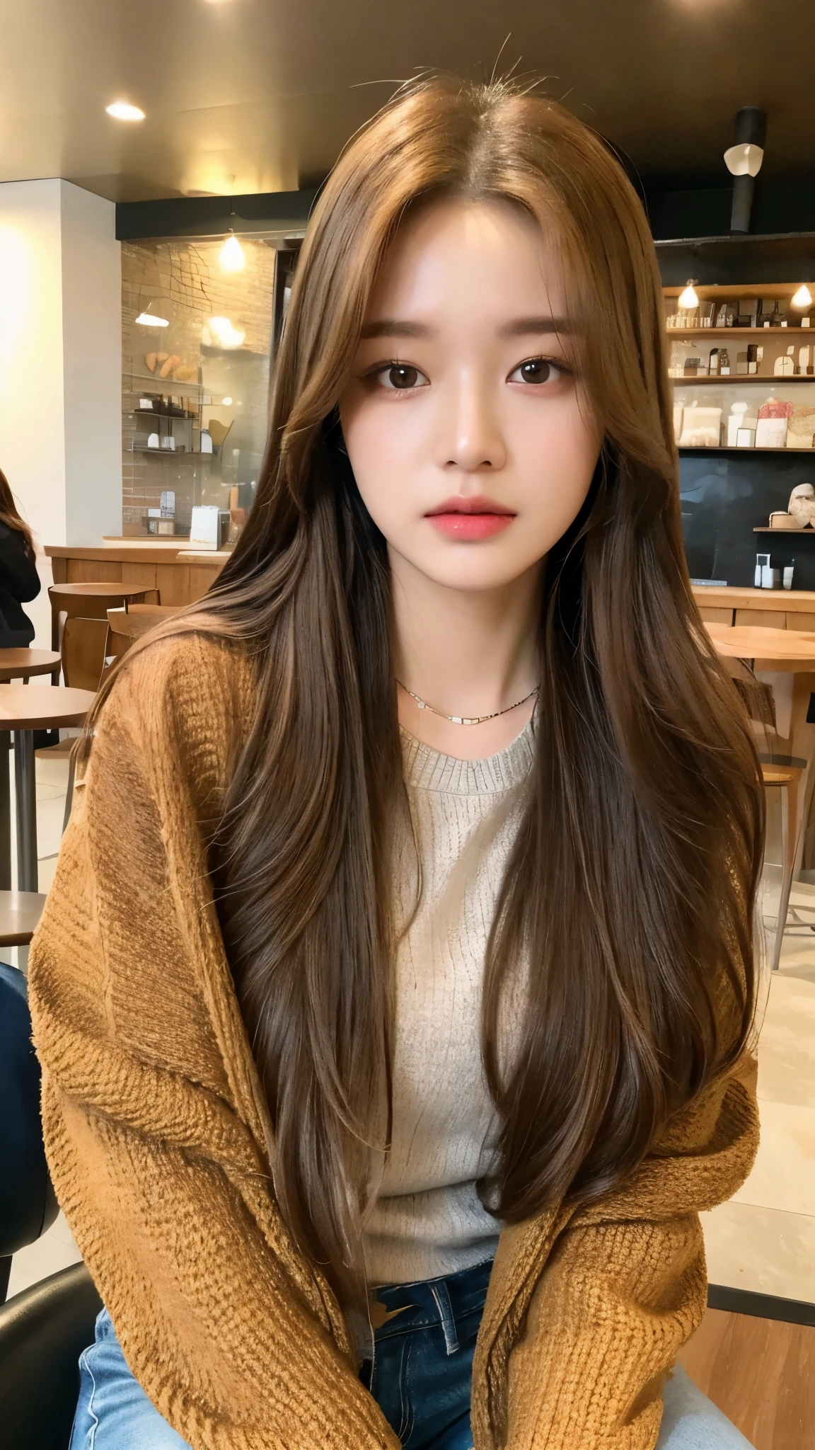 (realistic, High resolution:1.2), 1 girl, very detailed face and eyes, long brown hair with highlights, knitted jacket, distressed jeans,  at the cafe