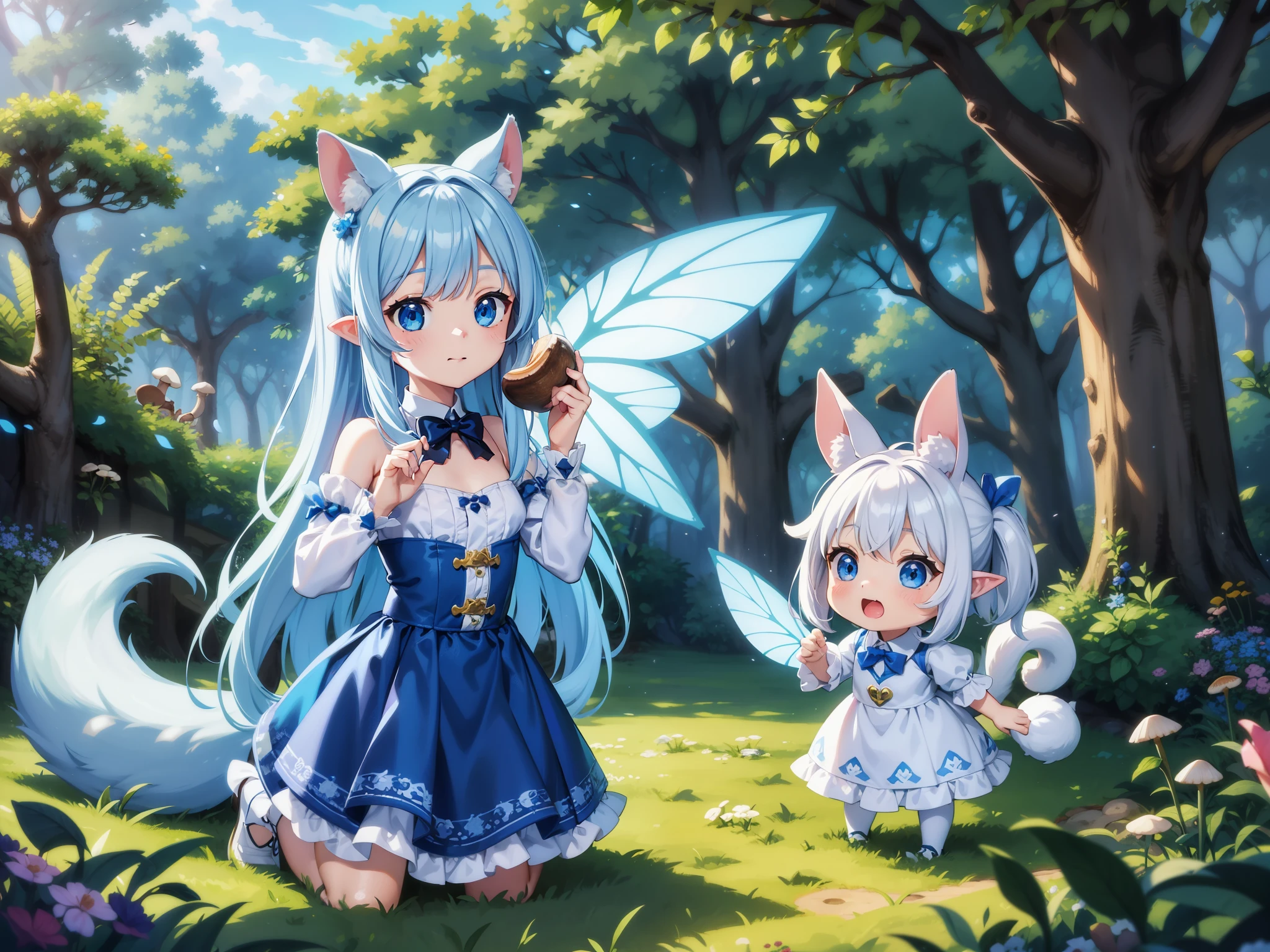 fairy tale world、long white ears、I'm with a cute young girl with long blue hair.。It is a cute costume in white and blue。black eyes。cute forest creatures, white rabbit with big ears、There are also cute mushrooms growing there.、adorable digital paintings, cute detailed digital art, the squirrel king, cute digital art, cute cartoon characters, cute characters, cute creatures, cutie, Official illustration, official art, squirrel, maplestory mouse, Astri Lawn, cute 3d rendering