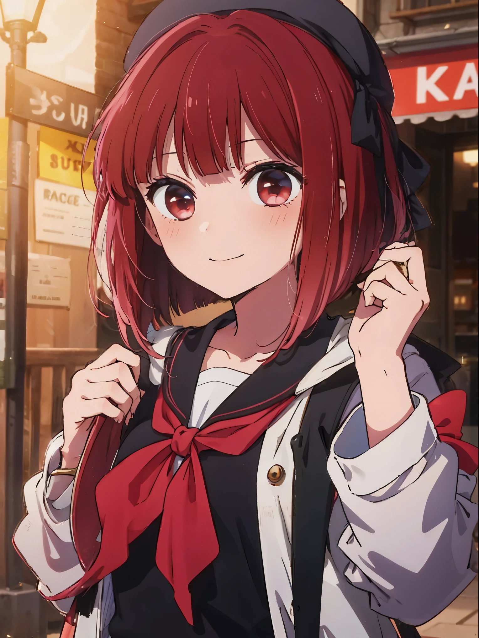 Red hair and red eyes, close-up Iwakura Lane, anime visuals of cute girls, anime best girl, anime girl named Lucy,  Iwakura Lane, anime moe art style,smile