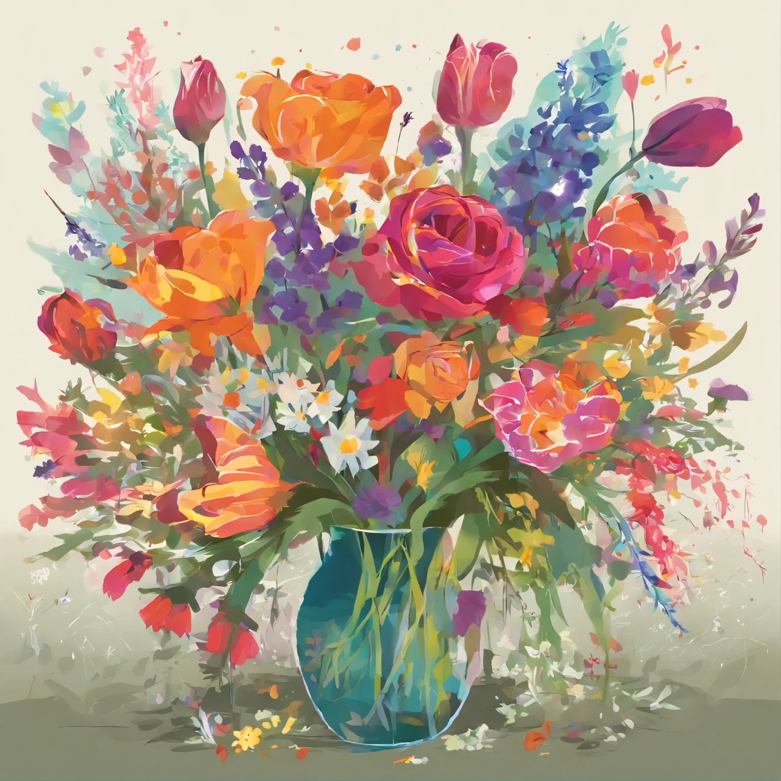 colorful wildflowers painting, vibrant, art, roses, tulips, lilies, bouquet