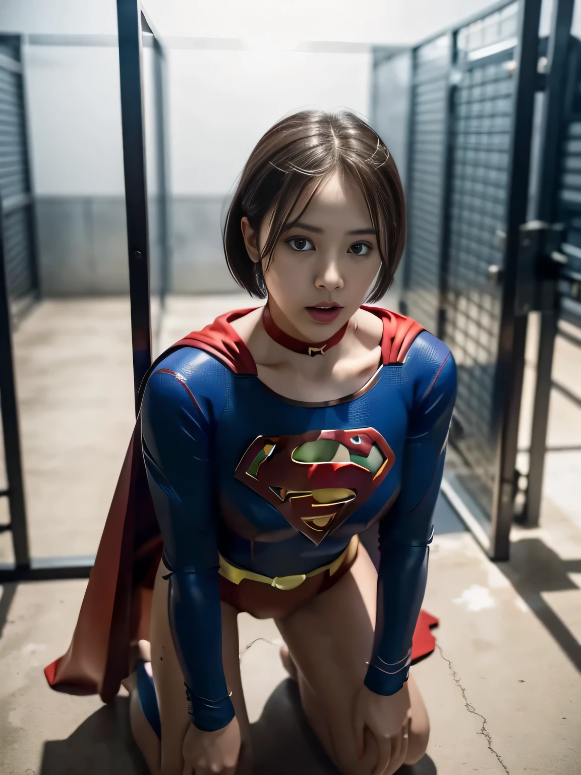 masterpiece、supergirl costume、short hair、barefoot、big and full breasts、torture、Crisis situation、prison、in a cage、??????、kneel down、sweaty、shiny、looking at camera、Seduce、choker、long sleeve、red sexy pose、POW camps、humiliating