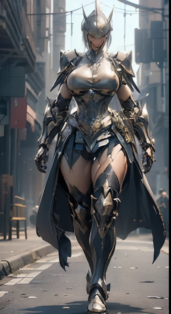 ((unreal engine 5)), realistic rendering, wonderful, full armor, Knight's Cloak, pocket, (yoga hot pants), looking at camera, sexy pose walking down the street, beautiful face, compensate, CGI mix, (photorealism:1.2), Surrealistic UHD face, (huge fake :1.4), (huge breasts:1.1), (muscular abs), (big ass), (wide hips), (thick thighs), slim waist, hourglass illustration, Half body, ((glowing skin)), ((shiny skin)), realistic body, ((she has a sexy body)), ((beautiful skin)), realistic, Bokeh, motion blur, masterpiece, High resolution, 1080p, Super detailed, rough skin