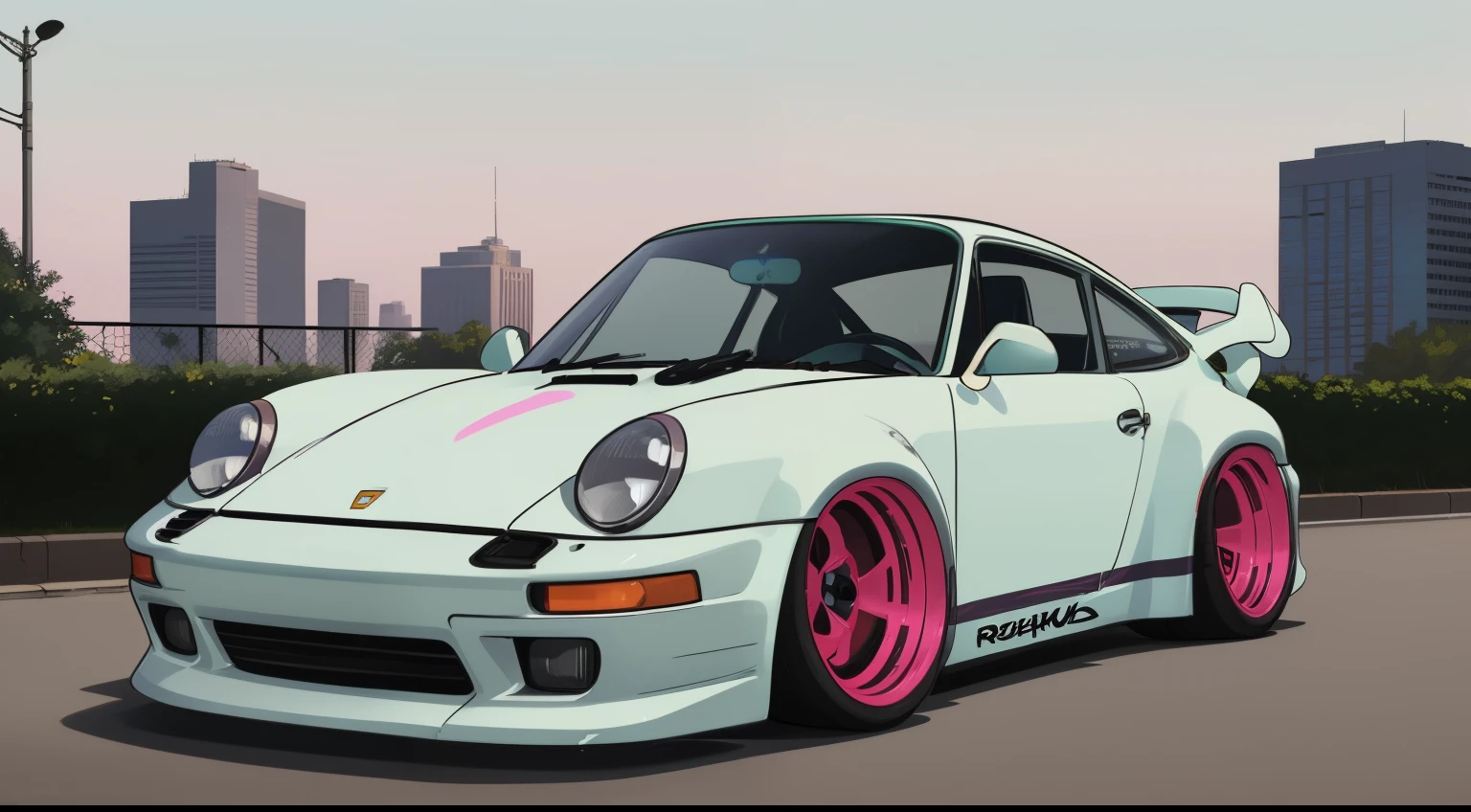 nvinkpunk, painting of a city with a pastel colored  Porsche 911 rwb rotting,wide bodykit, large wheels, high quality,