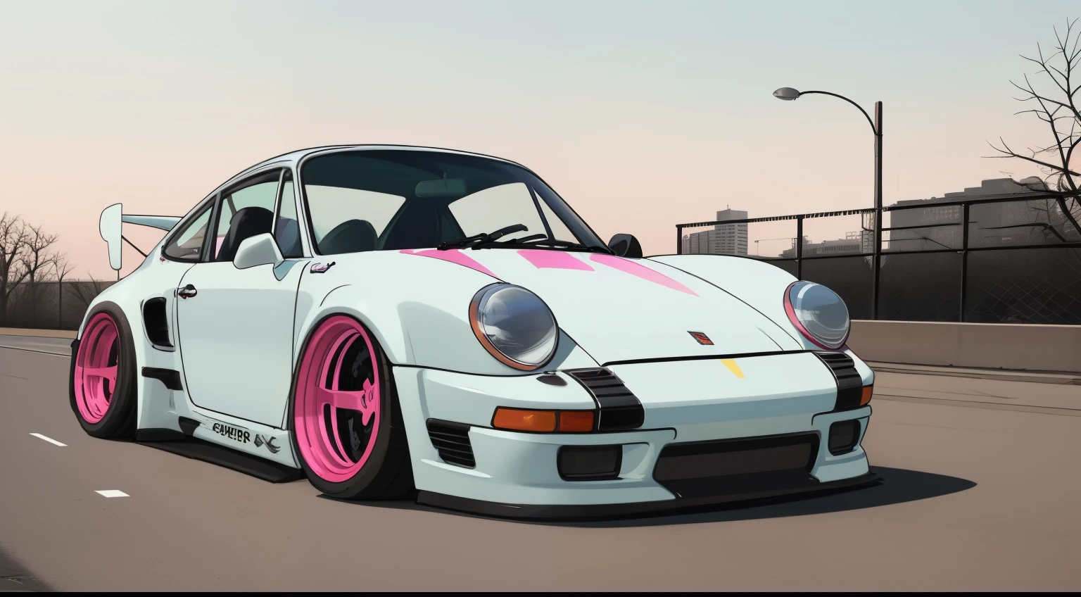 nvinkpunk, painting of a city with a pastel colored  Porsche 911 rwb rotting,wide bodykit, large wheels, high quality,