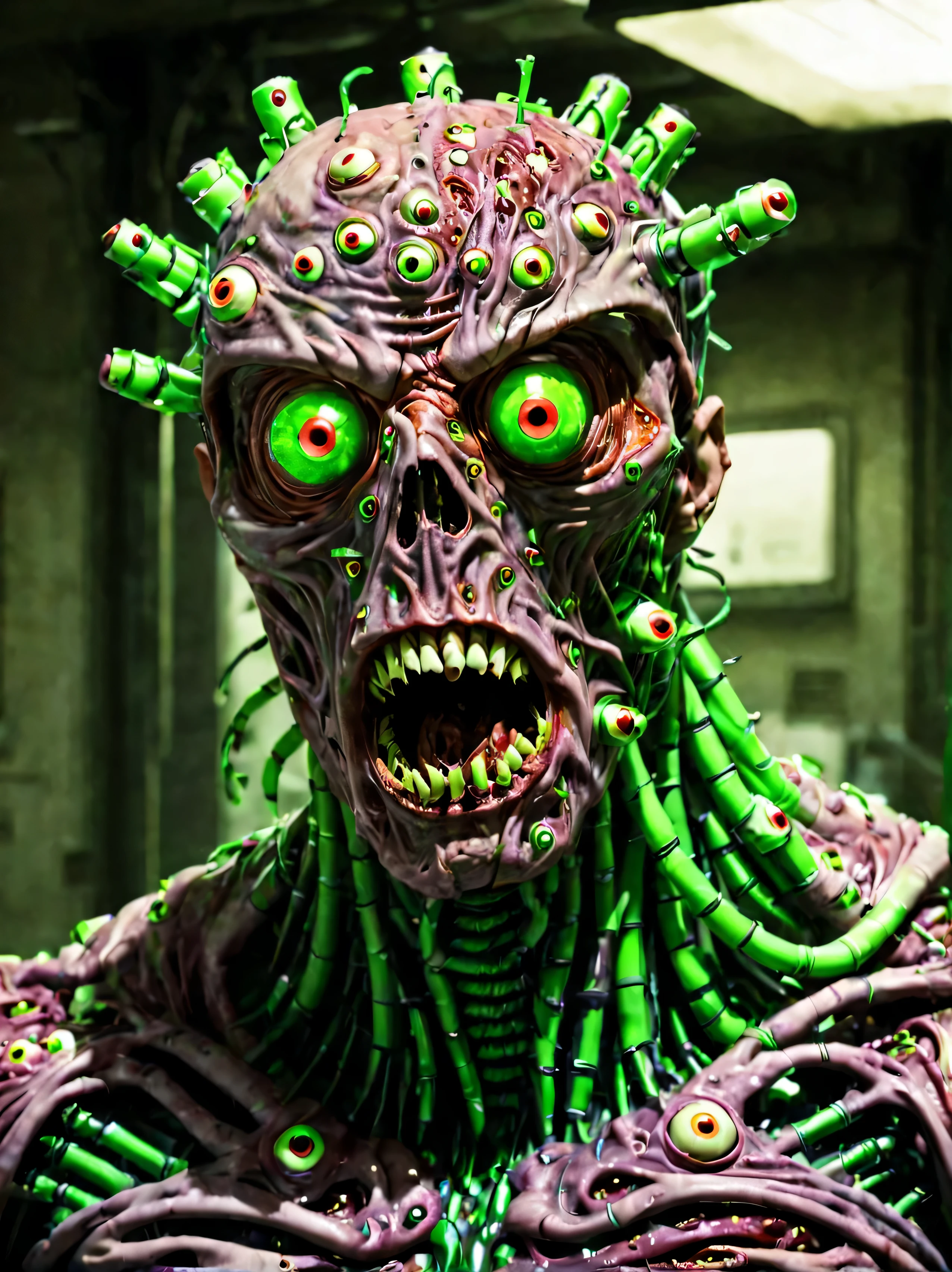 raw photo,cinematic shot,photorealistic,solo,a cybermutant fleshmutant covered in eyes with glowing green tubes, high saturation