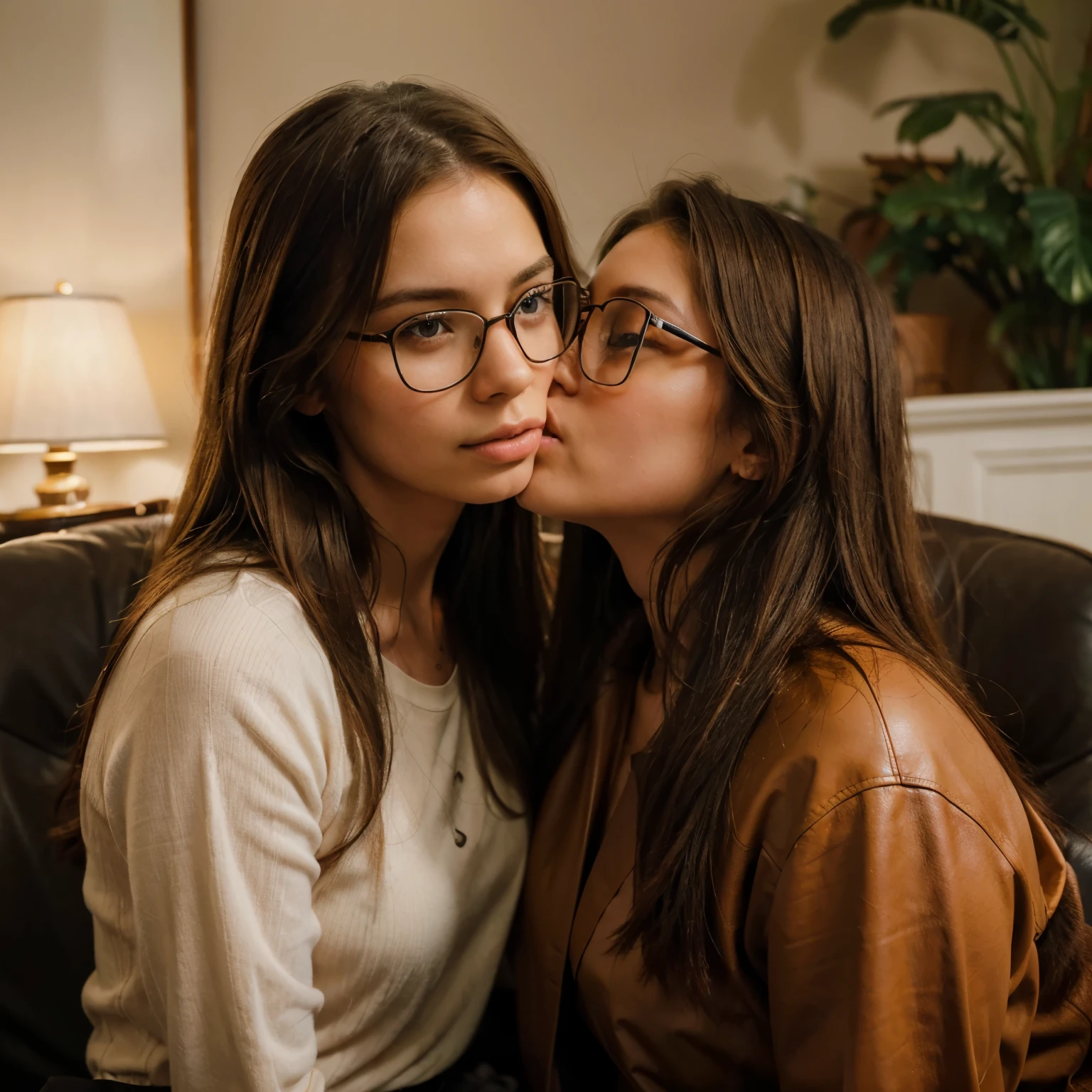 A girl with long brown hair is sitting on the lap of a man who is sitting on a leather armchair. The man has brown hair and wears glasses. The woman is kissing him passionately.

(brown hair:1.1, long hair:1.1), (passionate:1.1), (intense kiss:1.1), (sitting:1.1), (lap:1.1), (leather armchair), (man, girl), (glasses), (brown hair:1.1)

(best quality, highres, ultra-detailed:1.2), (realistic:1.37), (portrait:1.1), (romantic), (indoor), (soft lighting), (vivid colors), (emotional), (close-up), (affectionate)