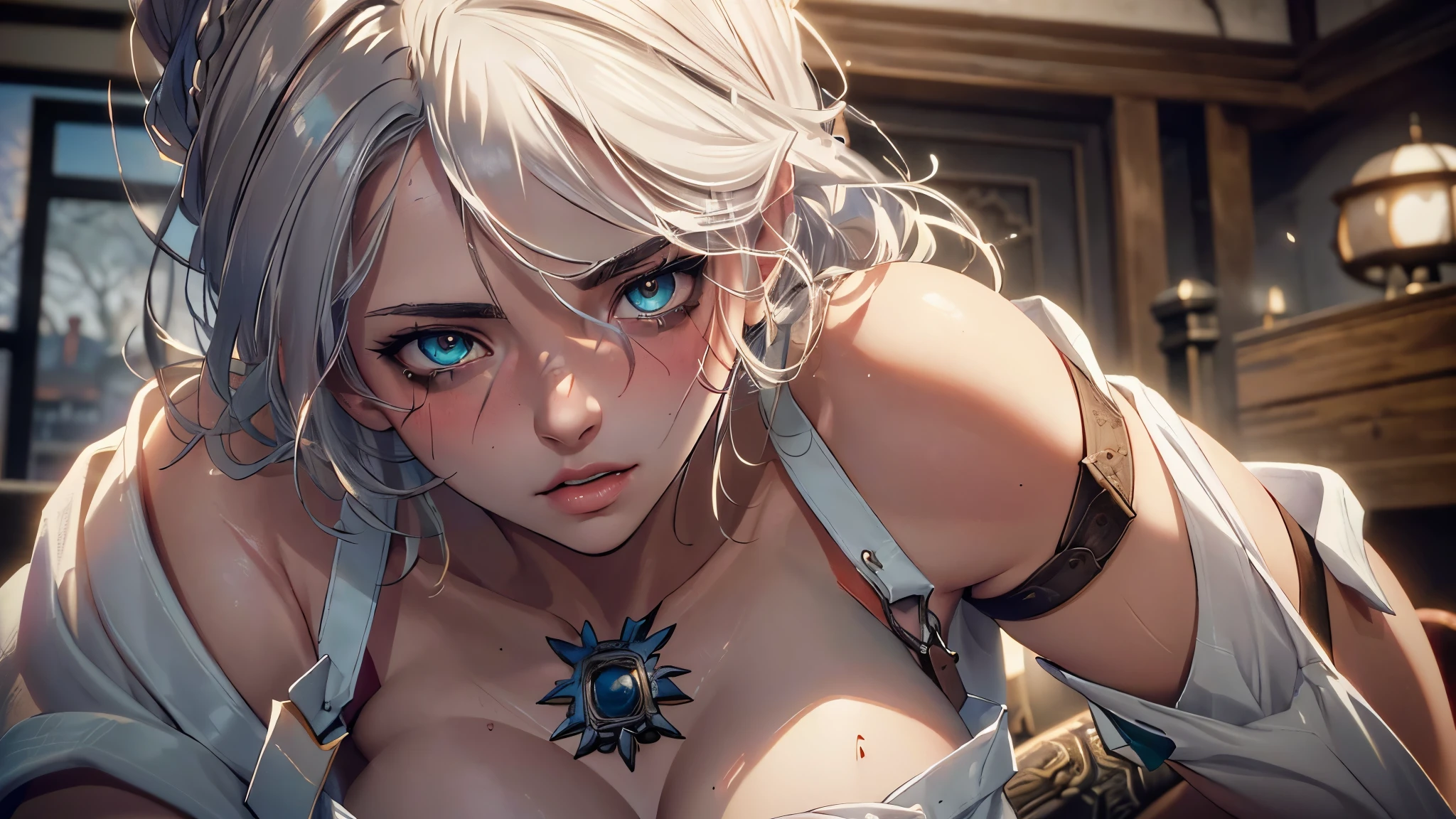 (beautiful 19-year-old girl(Ciri from The wicher 3)),(model figure),(big breasts),(short haircut,long braid down the back),(White hair),(wearing white kimono, heavily torn in some places),(fighting stance),(a gang),(tattoos)。(best quality,4k,8k,highres,masterpiece:1.2),ultra-detailed,(realistic,photorealistic,photo-realistic:1.37),HDR,UHD,studio lighting,ultra-fine painting,sharp focus,physically-based rendering,extreme detail description,professional,vivid colors,bokeh,concept artists。