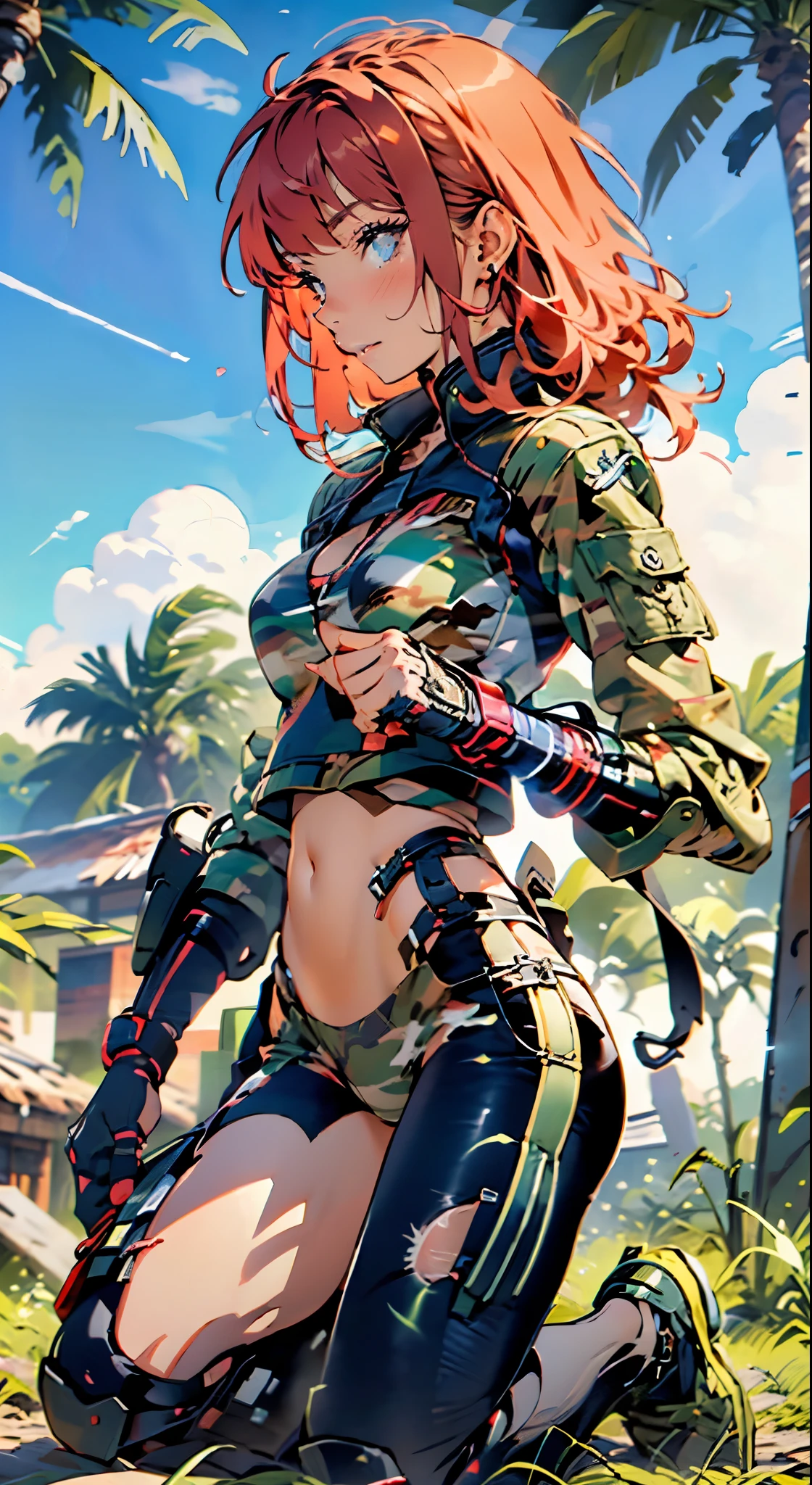 1woman 20 years old, max resolution, sculpted, military, wearing a soldier helmet, beautiful, perfect body, red hair, blue eyes, perfect body, thin waist, wide hips, large breasts, slim thighs, jungle background, armored vehicle, military robot dog, camouflaged uniform, tight panties, two-piece, highly detailed, high resolution, perfect hands, side view, camo, face fully turned to the side to look at the viewer, turn her head to look at the viewer, genuflection kneeling, one knee on ground, one knee up, aiming a gun, rifle