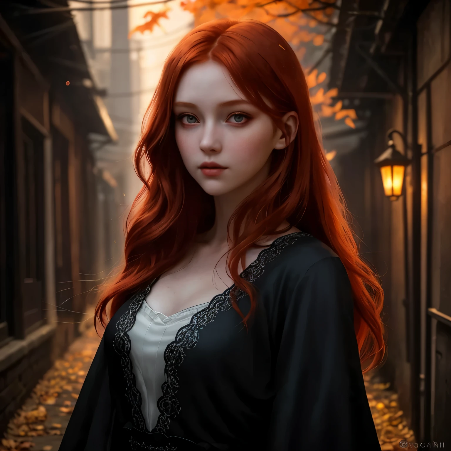 "In the dimly lit alley, amidst the shadows, stands a captivating redhead with eyes as red as glowing embers, their brilliance piercing through the darkness. Her porcelain skin seems to shimmer under the faint glow of the streetlights, accentuating the delicate features of her face. Strands of fiery red hair cascade around her shoulders like a cascade of autumn leaves, framing her ethereal presence. Despite the eerie hue of her eyes, there's an undeniable allure about her, drawing the gaze of all who pass by. Some whisper of supernatural origins, while others simply marvel at her otherworldly beauty, but none can deny the mesmerizing spell she casts upon the night."