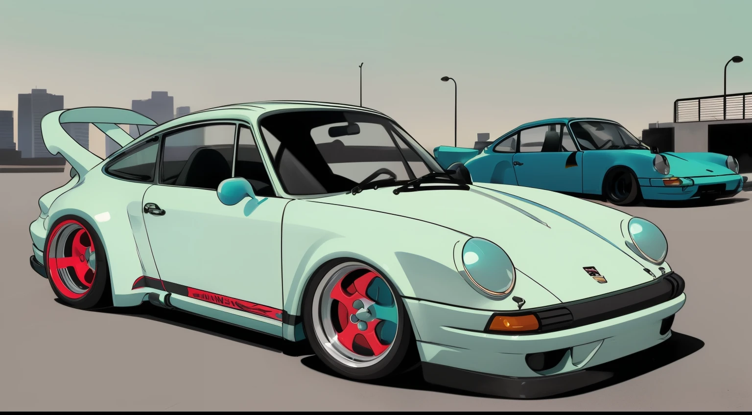 nvinkpunk, painting of a city with a ice cream mint colored  Porsche 911 rwb rotting,wide bodykit, large wheels, high quality,