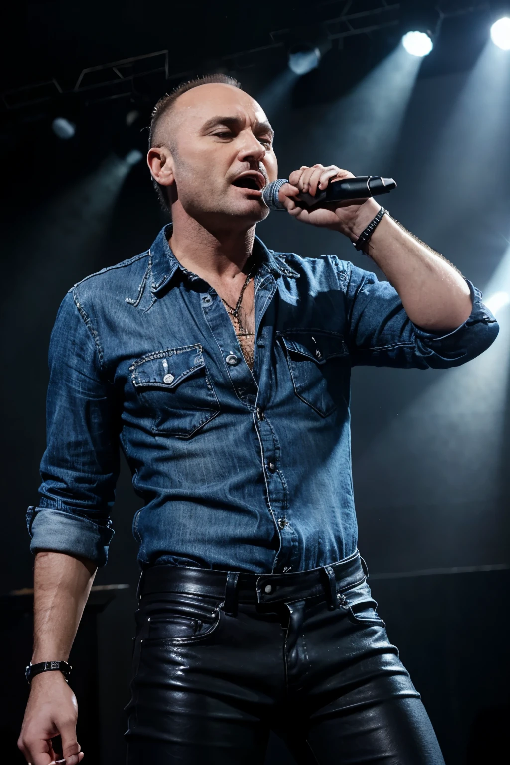 male rock singer, Phil Collins style, singing on stage, wearing a denim shirt and black leather pants.