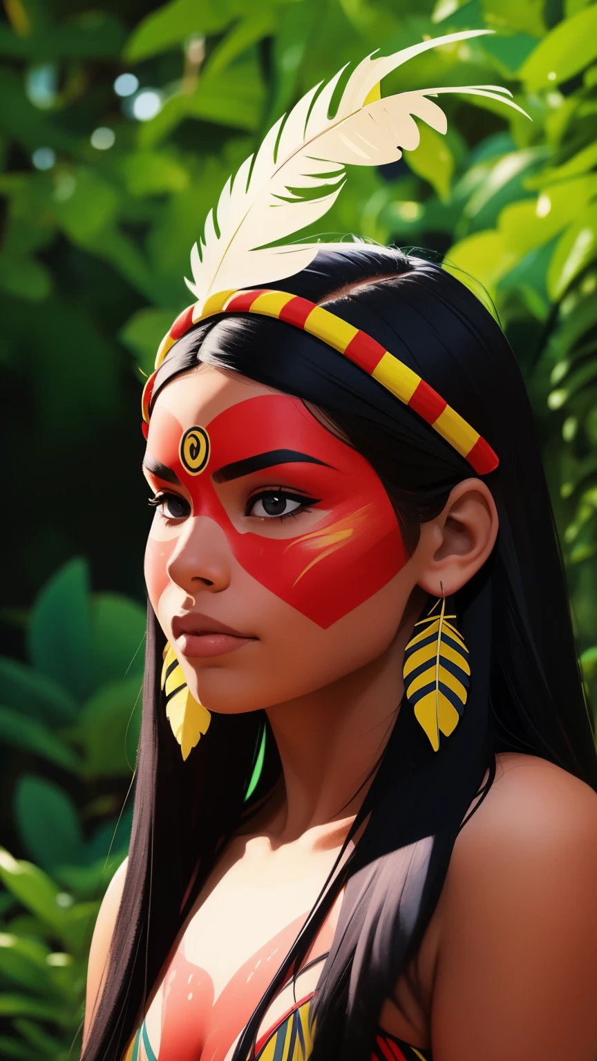 Comic art, digital paint. A beautiful indigenous girl in native with feathers and feathers on her head, amazon indian peoples in brazil, beautiful young female brazilian Native girl, paint face, hot body, Yanomami Indian in typical costumes,High quality. Amazonia forest and river Background. vivid colors, cinematic lighting. detailed, intricate, detailed face.