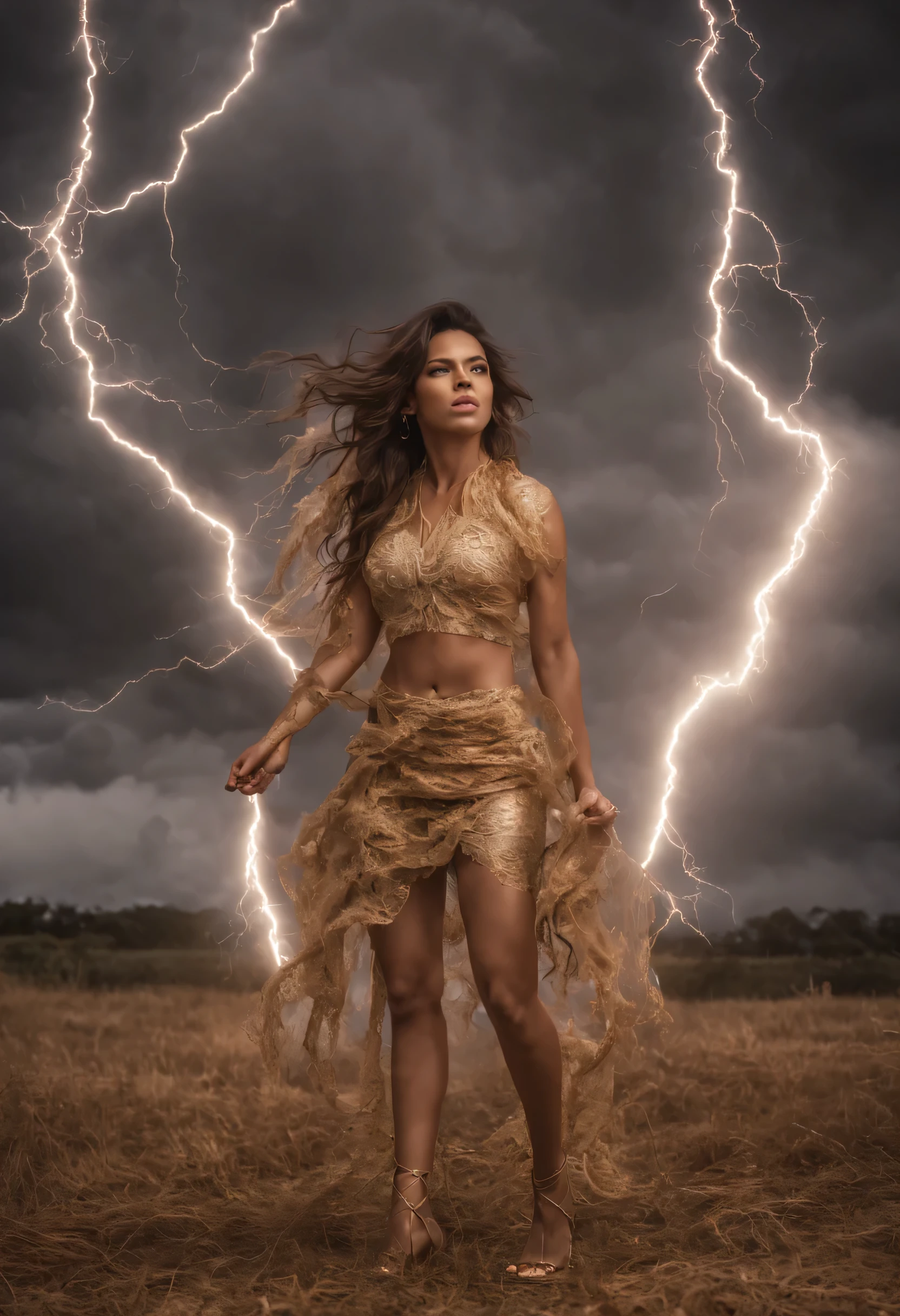 fotorrealista, foto realista, Mulher, Linda deusa loira, poderoso, majestoso, vestindo uma saia curta feita de bandagens, transparent tunic. high heel sandal with gold laces (up to the knees). Ornamentos de ouro, cabelo curto e liso, olhos azuis. The Woman wrapped in lightning flies to the sky，Send out thunder and lightning with beautiful lighting, fique em pose de poder, fundo imessivo, 8K, film grain, profundidade de campo, hdr, Foto CRU, 