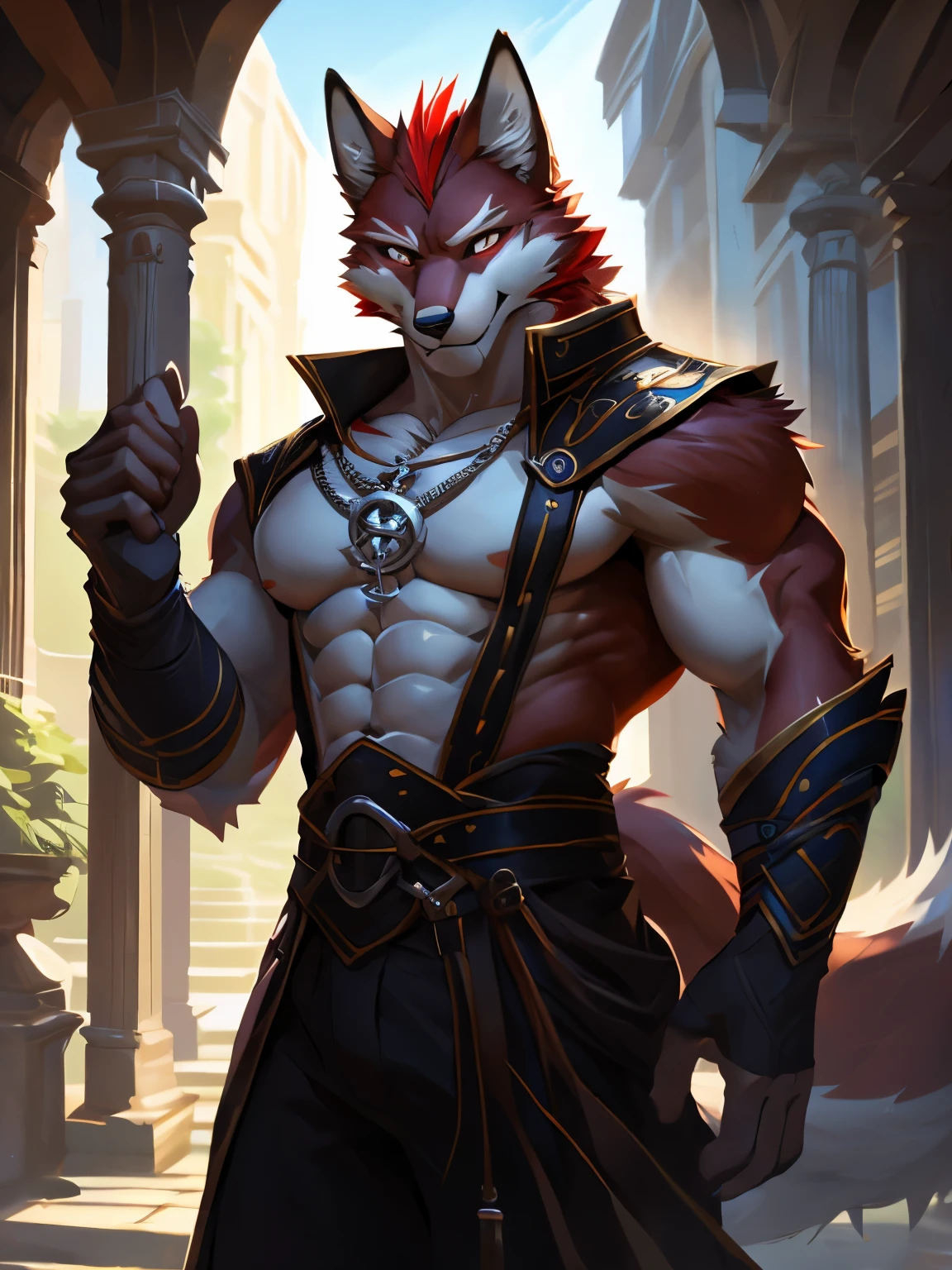 4k, high resolution, best quality, perfect colors, perfect shadows, perfect lighting, posted on e621, (by Chunie), male, furry, Fox anthro, Red eyes, (Realistic eye details 1.2), abs, slim body, Perfect centralization, Fantastic Black-White beam, V0id3nergy, delight, Standing position, Abstract beauty, centre, Looking at the camera, Facing the camera, nearing perfection, Dynamic, highly  detailed, Liso, sharp focus, 8K, A high resolution, illustration