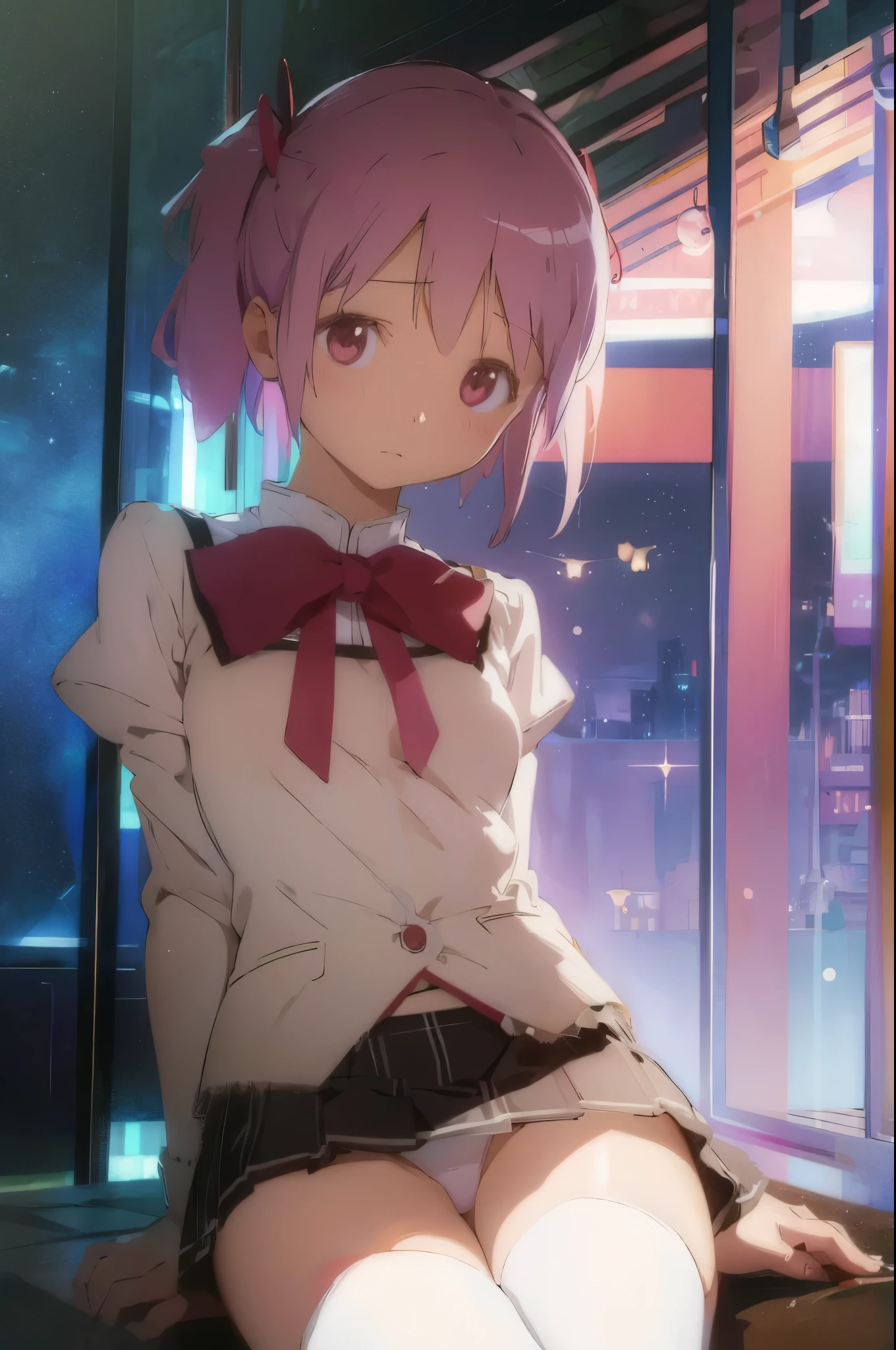 kaname madoka,(sitting panty shot)、facing this way、((I can see white panties))、((small bust))、Sheer clothes、black pleated mini skirt、black knee high socks、loafers,(highest quality、4k、8k、high resolution、masterpiece:1.2)、Super detailed、(photorealistic:1.37)、Portrait、sharp focus、feminine、delicate、white skin、subtle curves、gentle expression、soft lighting、Bright colors、artistic atmosphere,