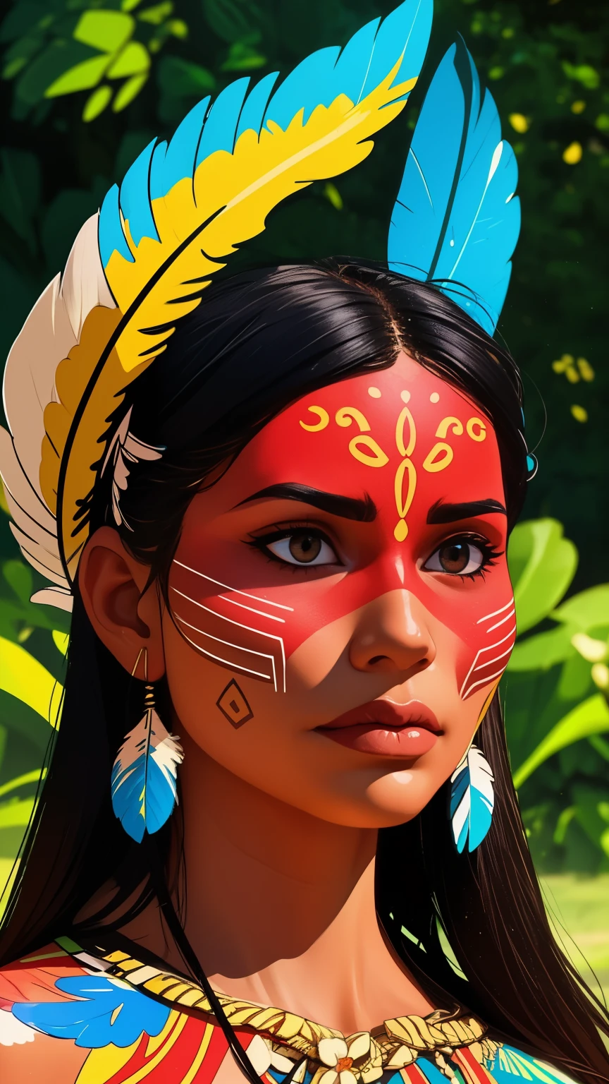 Comic art, digital paint. A beautiful indigenous girl in native with feathers and feathers on her head, amazon indian peoples in brazil, beautiful young female brazilian Native girl, paint face, hot body, Yanomami Indian in typical costumes,High quality. Amazonia forest and river Background. vivid colors, cinematic lighting. detailed, intricate, detailed face.