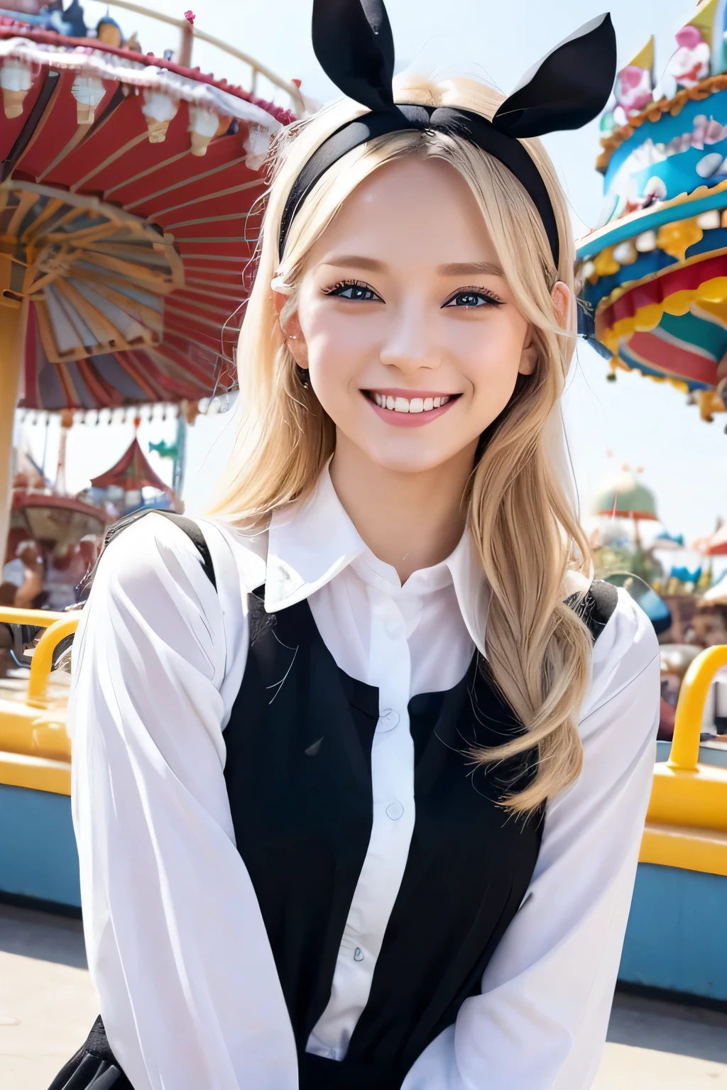 black mouse headband、white shirt、blonde、blue eyes、smile、upper body up、Amusement park on the background