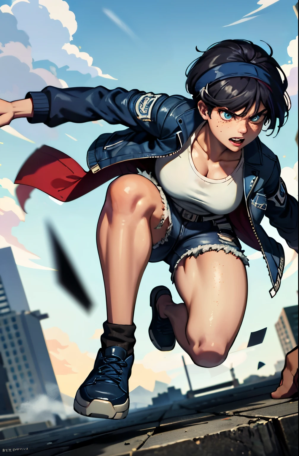 Masterpiece, Best Quality, Ultra-Detailed, 1girl, solo, (red bandanna on head:1.0), black hair, blue eyes, ((freckles:1.0)), freckles on face, blue eyes, serious expression, action shot, fight pose, serious expression, black tanktop, dark blue cargo pants, dark jacket, open jacket