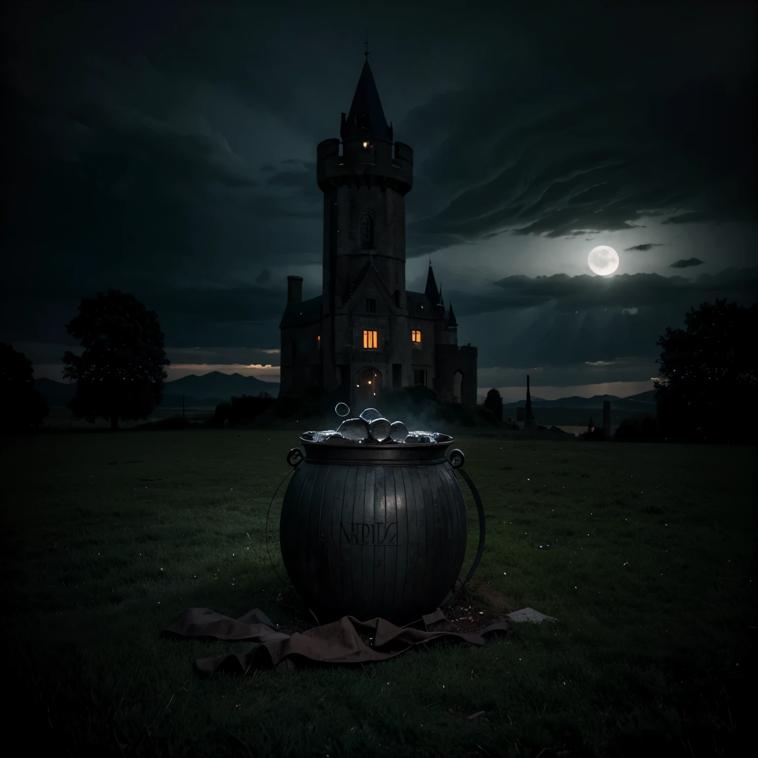 En el centro de la escena, a witch&#39;s cauldron rests on a rusty iron tripod, emitiendo humo espeso y verde que se retuerce en espirales hacia el cielo nocturno. The moonlight barely filters through the clouds, dimly illuminating the cauldron and the twisted silhouettes of withered trees around it. Al fondo, a gloomy castle stands, sus torres se recortan contra el cielo estrellado, and the windows shine with a cold and sinister light. Un aura de misterio y magia envuelve toda la escena, as the cauldron bubbles with a dark and unknown energy.