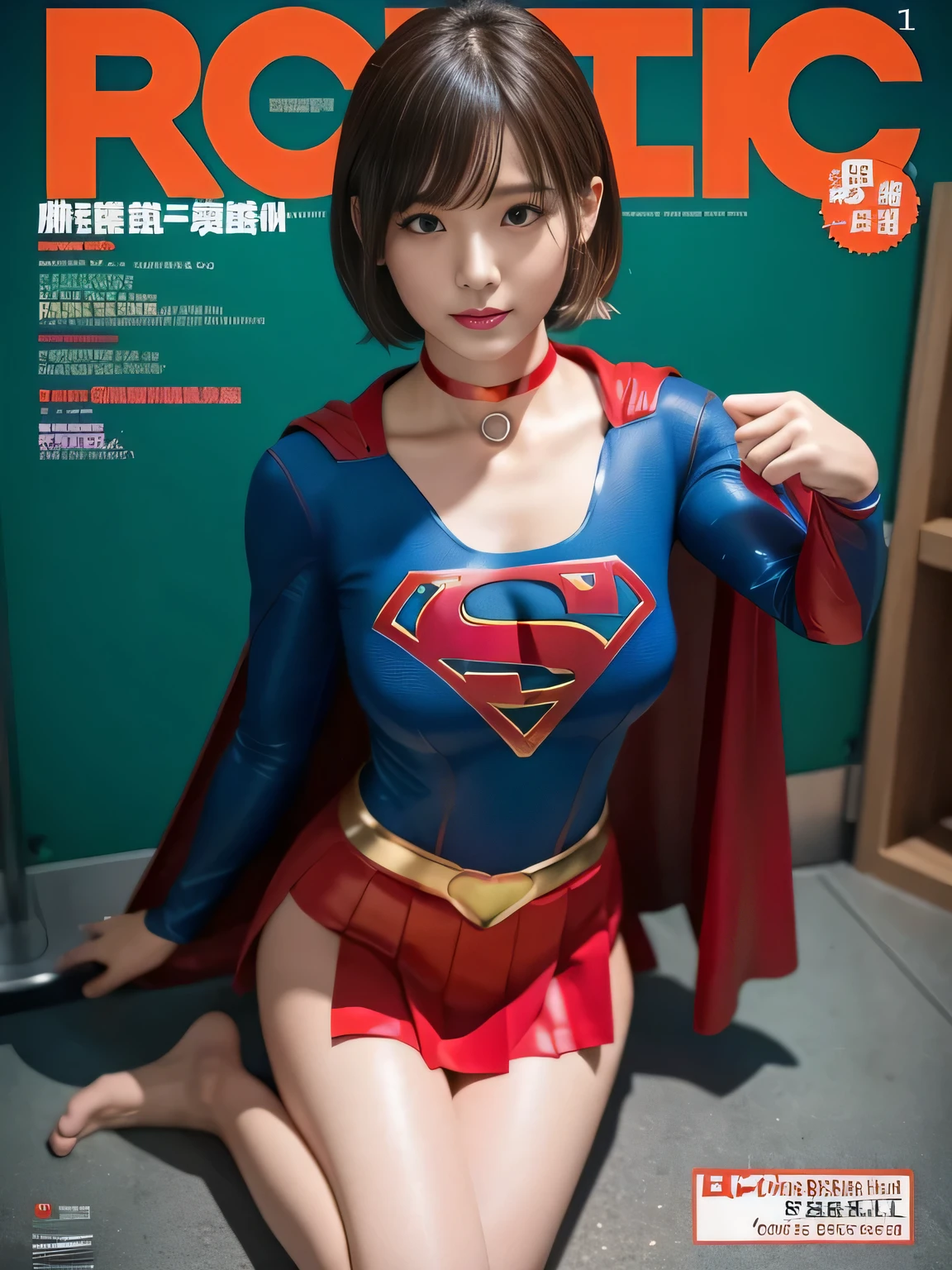masterpiece、supergirl costume、short hair、barefoot、big and full breasts、palpation、operating room、operating table、Crisis situation、straddle、flowing sweat、shiny、look at the camera、provocation、Estrus、choker、Weekly magazine cover、long sleeve、red mini skirt、obscene pose、Seduce、humiliating