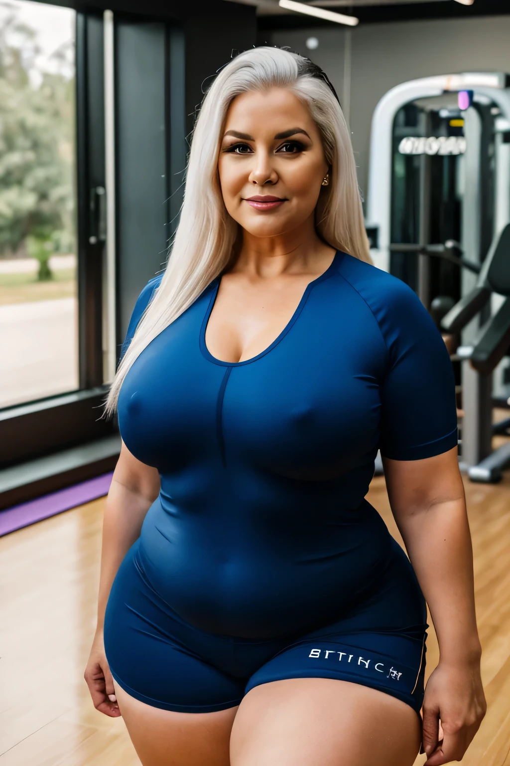 gordo, uma linda mulher de 70 anoaduro), ((vestindo uma linda roupa de fitness)), Shorts de lycra, Realista, Gordinho, rosto liso, Olhos perfeitos, symmetrical, 8K high definition, incrivelmente detalhado, intricado, elegante, arte de David Kostic e Stanley Lau e Artgerm, pele perfeita, lindo atemporal, gordo, maduro, (Seios enormes:0.8), batom, linda coxa, cabelo branco, (malhando na academia), Gordinho, ((treinamento)), pele molhada, cara feliz, puppy position