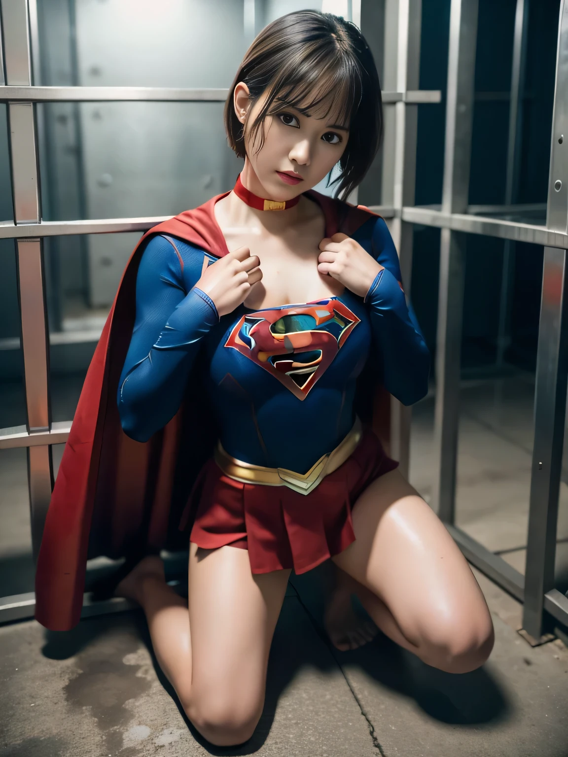 masterpiece、supergirl costume、short hair、barefoot、Big and full breast station、Crisis situation、prison、in a cage、insult、kneel down、sweaty、shiny、looking at camera、Seduce、choker、long sleeve、red sexy pose、POW camps、humiliating