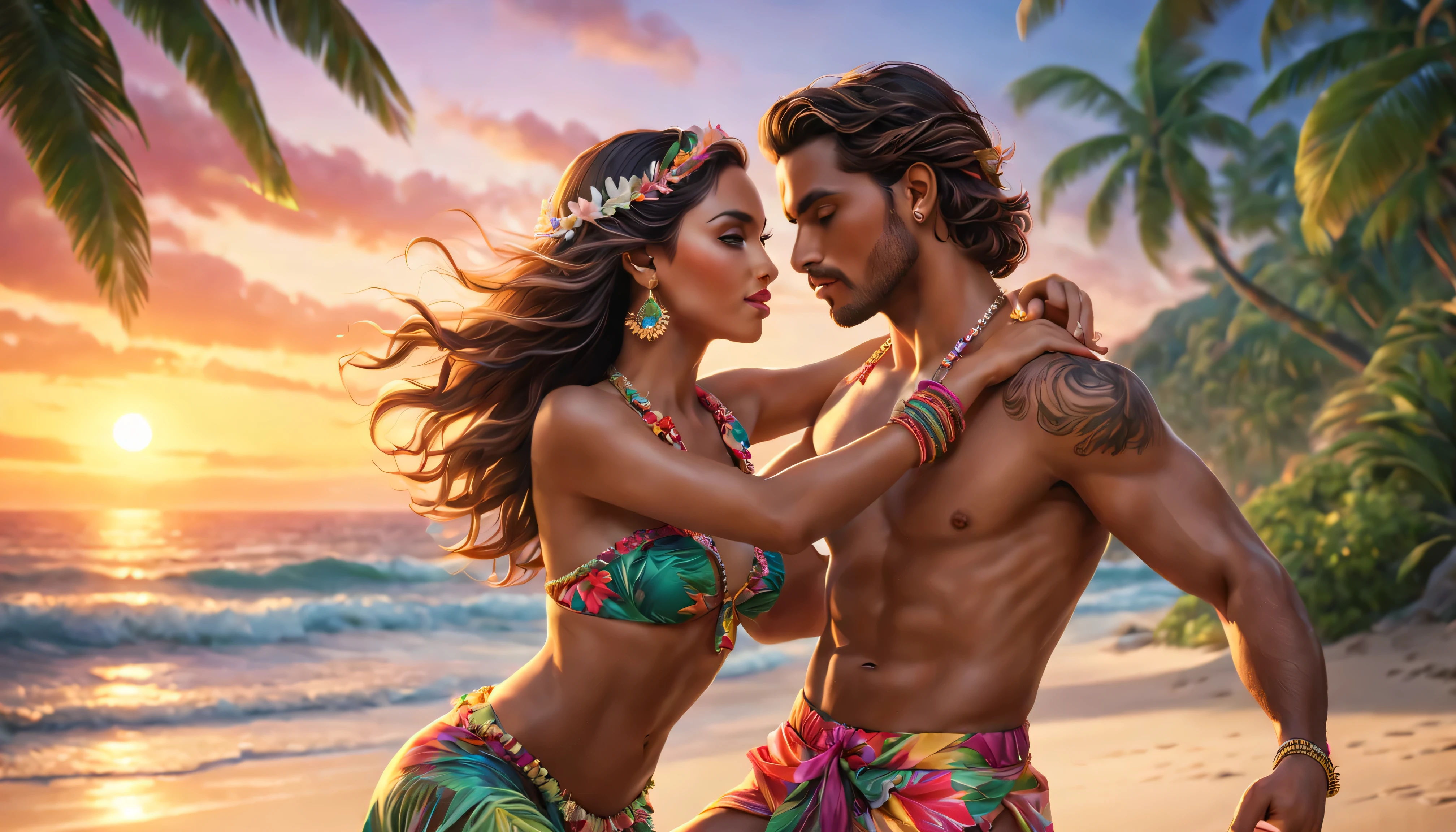 (melhor qualidade,4k,high resolution,obra de arte:1.2),ultra-detalhado,Realista,photoRealista:1.37,tropical,cena de praia,beautifully detailed girl and boy dancing,olhos detalhados, Detailed lips,exotic dance,Movimentos sensuais,Garota de estilo havaiano,fundo tropical com luzes vibrantes,traje de praia fluido,ambiente relaxante,colorful sunset,brisa suave do oceano,Swinging palm trees,swirling patterns and textures,atmosfera calorosa e convidativa,areia cintilante,dynamic poses,expressive facial expressions