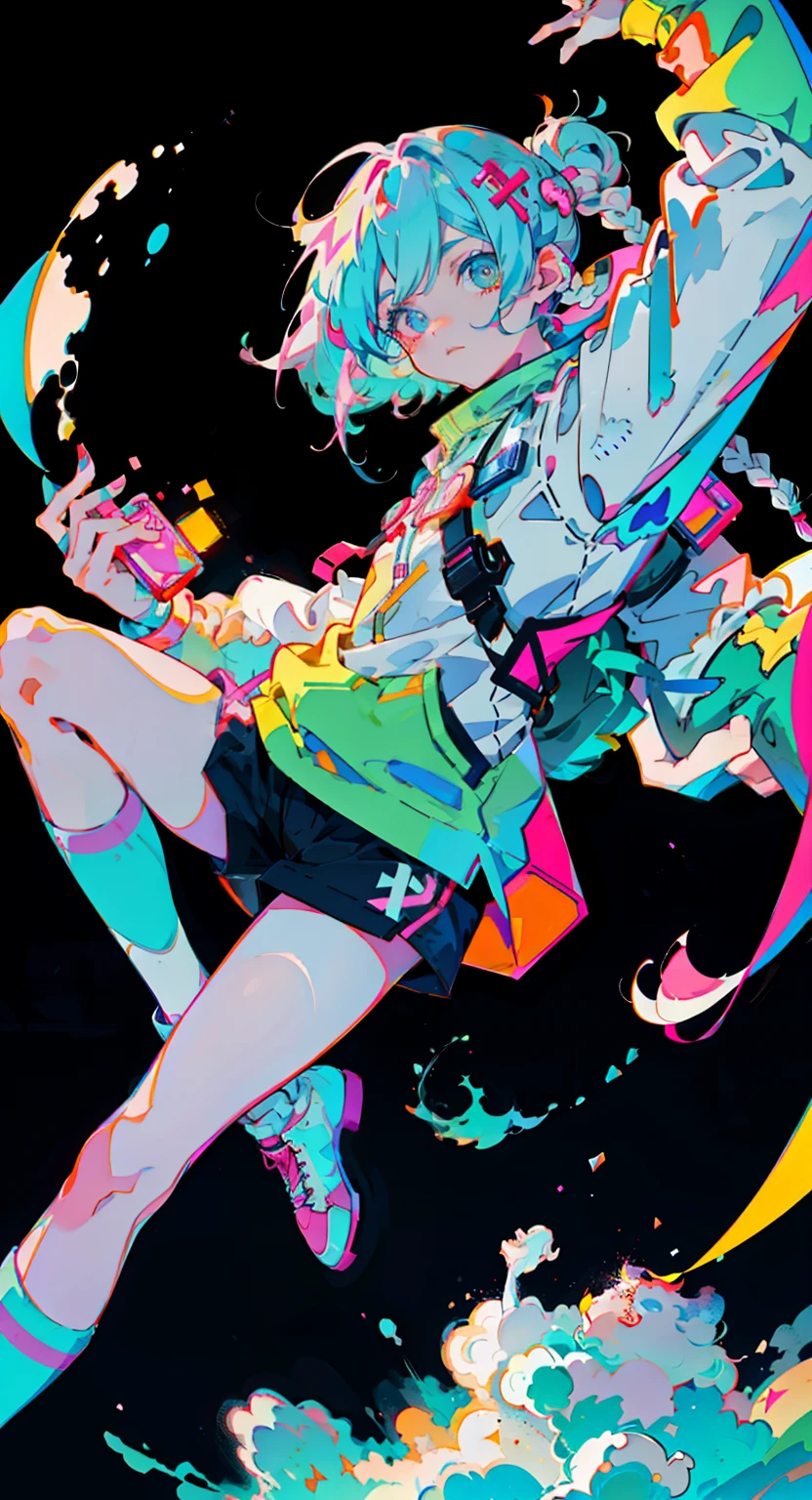 anime girl, candy colors, astronaut, flexible, talented, long braid, happy, energetic, lively, grunge fashion, maniac