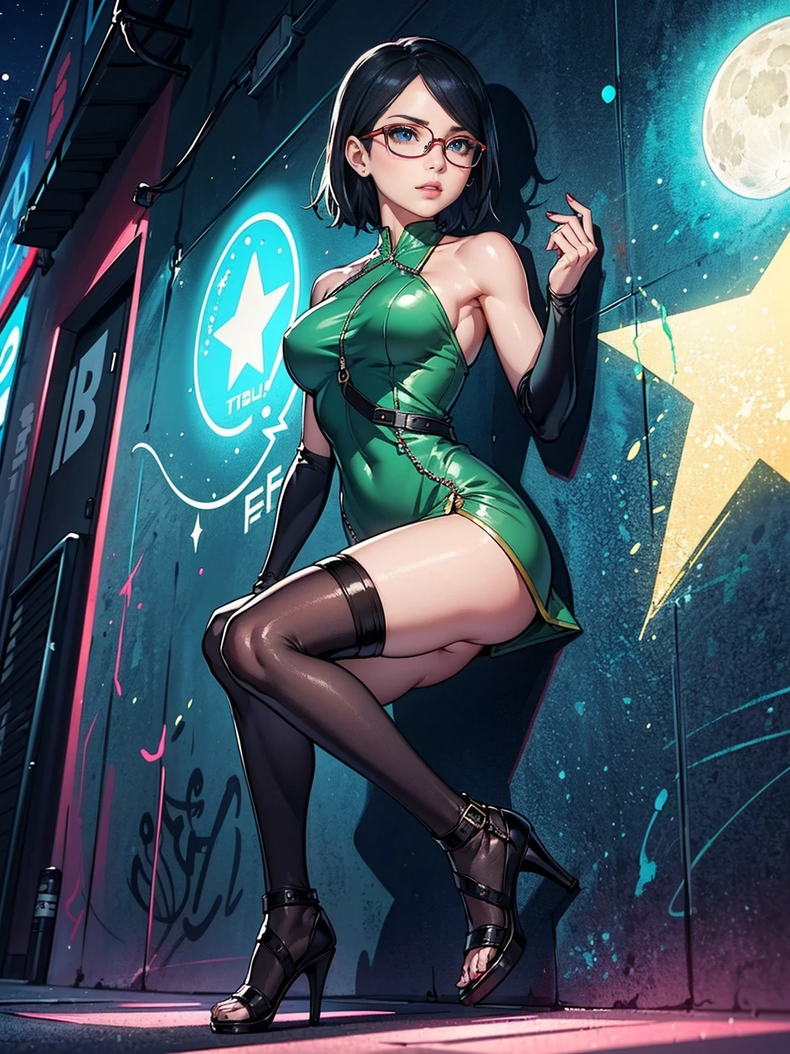 ((Sarada Uchiha, short hair, black eyes, glasses, uchiha sarada)), ((solo, 1woman, pink lipstick, Extremely detailed, ambient soft lighting, 4k, perfect eyes, a perfect face, perfect lighting, a 1girl, single front, Milky Way)) austere, ((high hell, stiletto high heels, (neon green dress, bodycon dress, sleeveless, halter, single front), bodycon dress)), night sky, clouds, , lots of , (graffiti alley, graffiti walls, in an alley, night, moonlight, starry night)