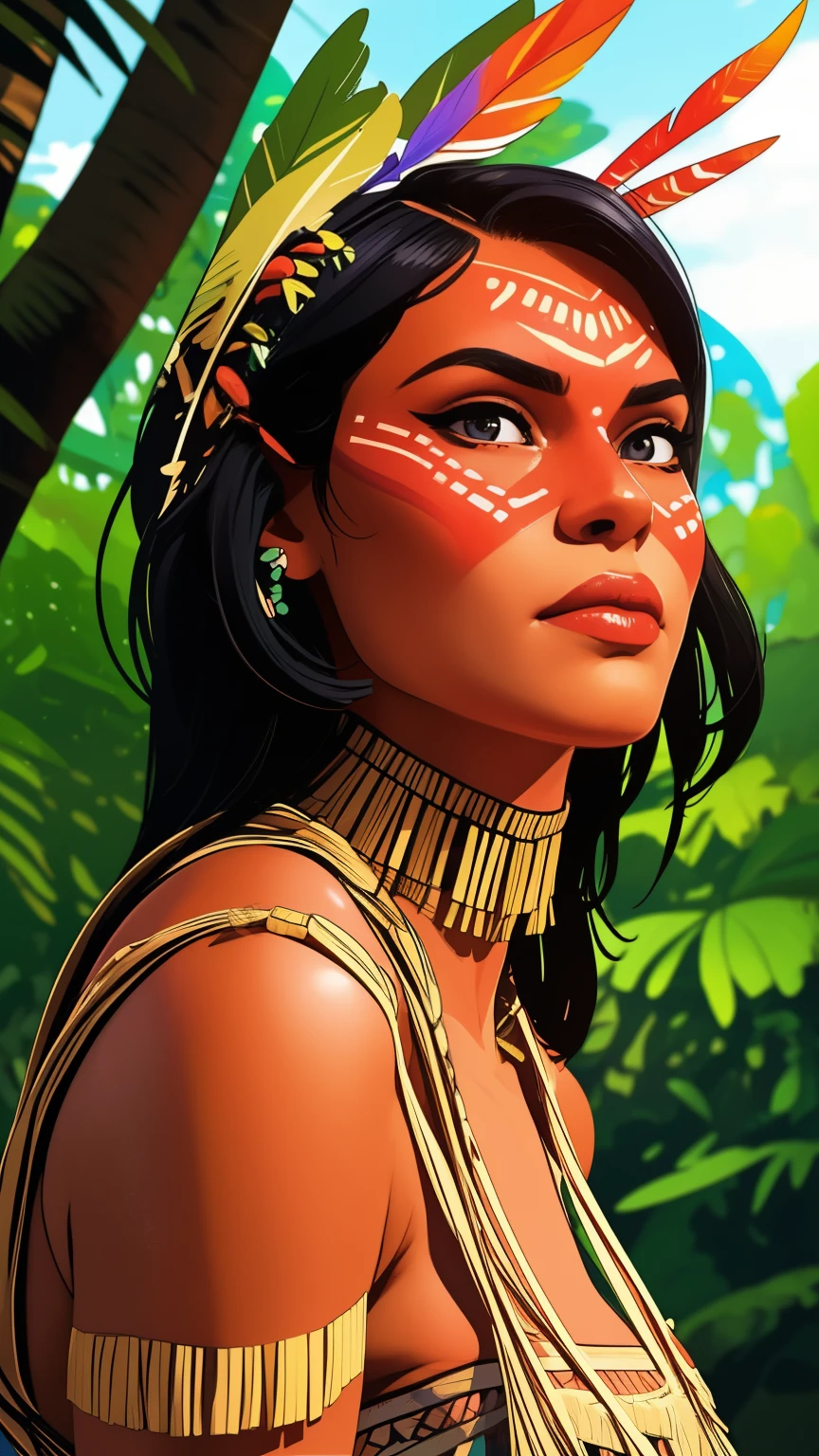 Comic art, digital paint. A beautiful indigenous girl in native with feathers and feathers on her head, amazon indian peoples in brazil, beautiful young female brazilian Native girl, paint face, hot body, Yanomami Indian in typical costumes,High quality. Amazonia forest and river Background. vivid colors, cinematic lighting. detailed, intricate, detailed face.