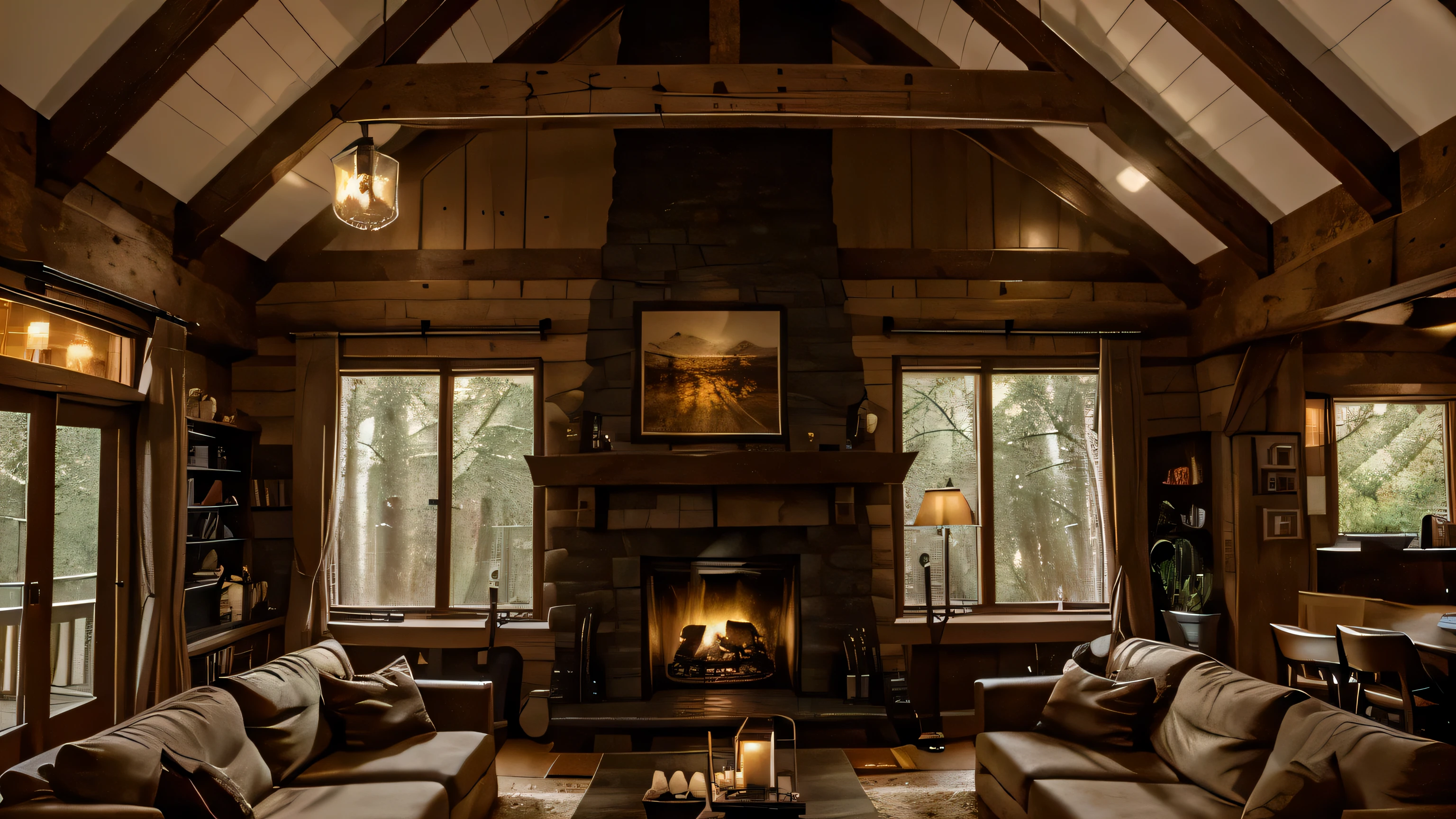 Arrofing living room with fireplace and large screen TV, cozy atmosphere, cozy living room, cozy environment, Cozy and peaceful atmosphere, Large window opening into the forest at night, Cosy and calm, very cozy, cozy atmosphere, roaring fire, realistic images, cozy living room interior, warm living room, cozy modern living room, fireplace lights, cozy atmosphere, clever, floor to ceiling windows