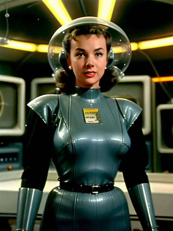 (((Old science fiction TV series))), Fotografia, Extremamente realista, Scene from an old science fiction TV show from the 1950s with human actors and actors talking to aliens and robots. retro spaceship indoor scenery in the background of the scene, , Science Fiction TV series with monsters, beautiful sensual young actress, (((anos de 1950))), Ancient aesthetics, ((((1950s science fiction style))))
