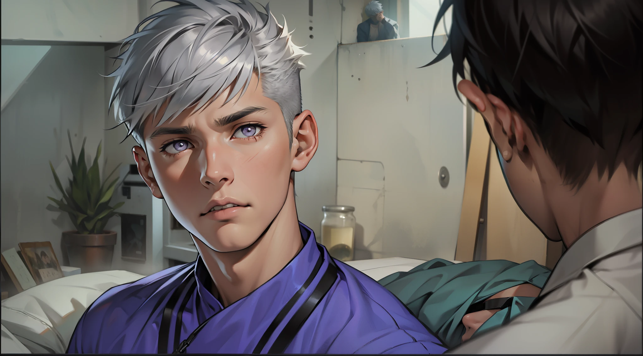 There is a handsome 18 year old boy with short silver hair and silver eyes, he is scared by what he is hearing.