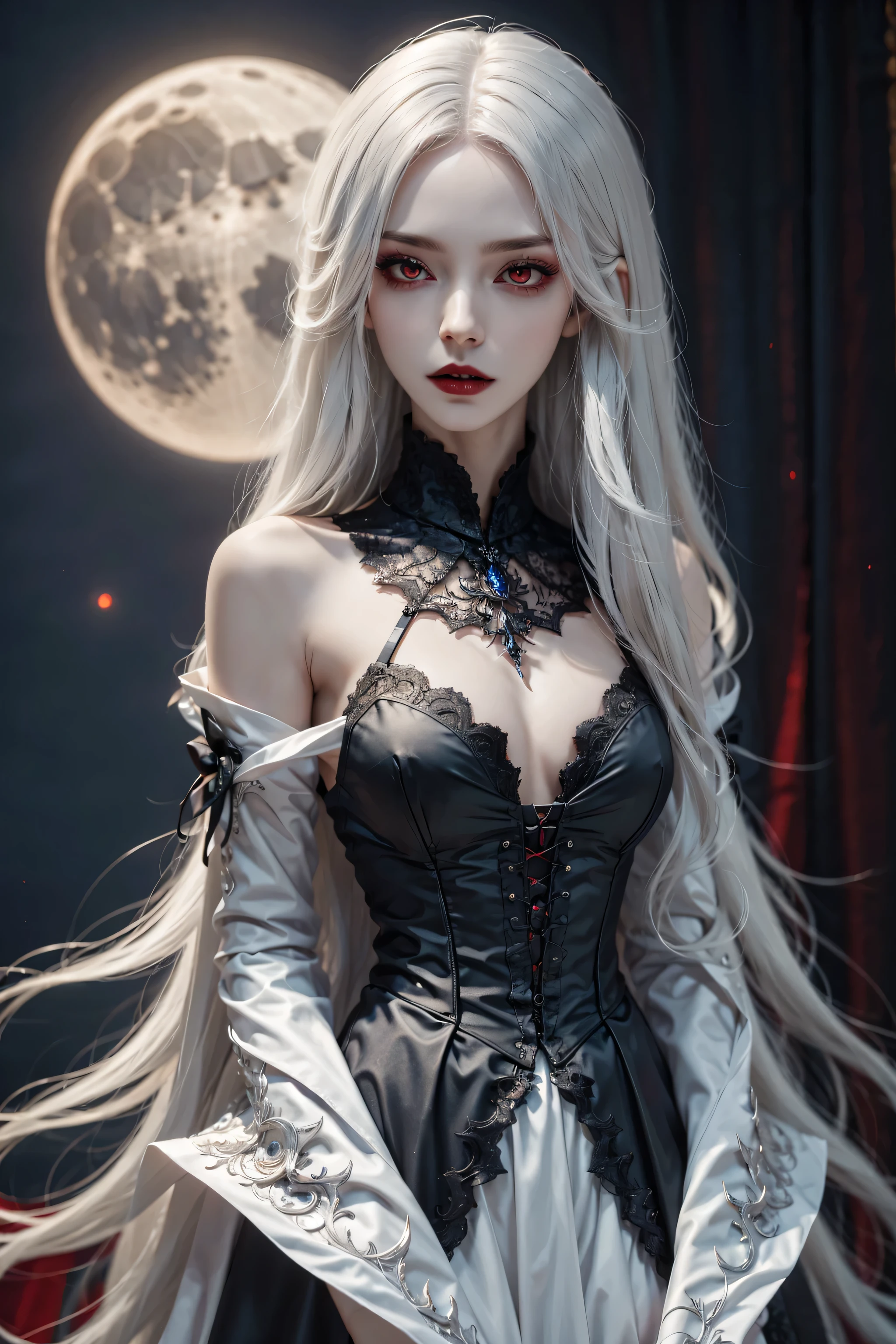 (best quality,4k,8k,high resolution,masterpiece:1.2),Super detailed,(actual,photoactual,photo-actual:1.37),gothic style,The atmosphere is gloomy,dark shadow,weird,unforgettable beauty,vampire girl,red eyes,Pale complexion,long hair,flowing long skirt,lace, short sleeves, collar,lace gloves,Purple eye makeup,night view,Mysterious moonlight,hint of blood red,Gloomy and mysterious,Palette: deep black and rich purple,dramatic lighting,Ethereal and supernatural beings